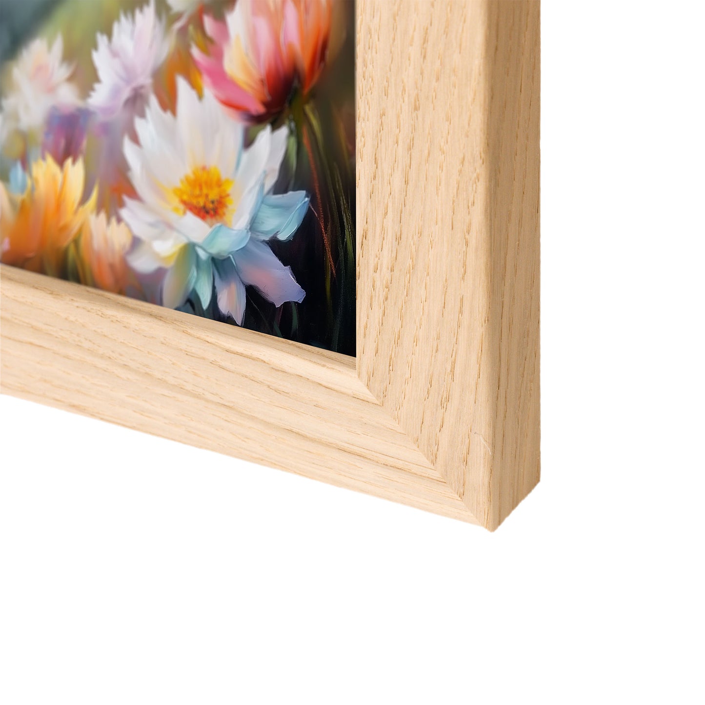 Close-up of a wooden photo frame with a floral print on a white background