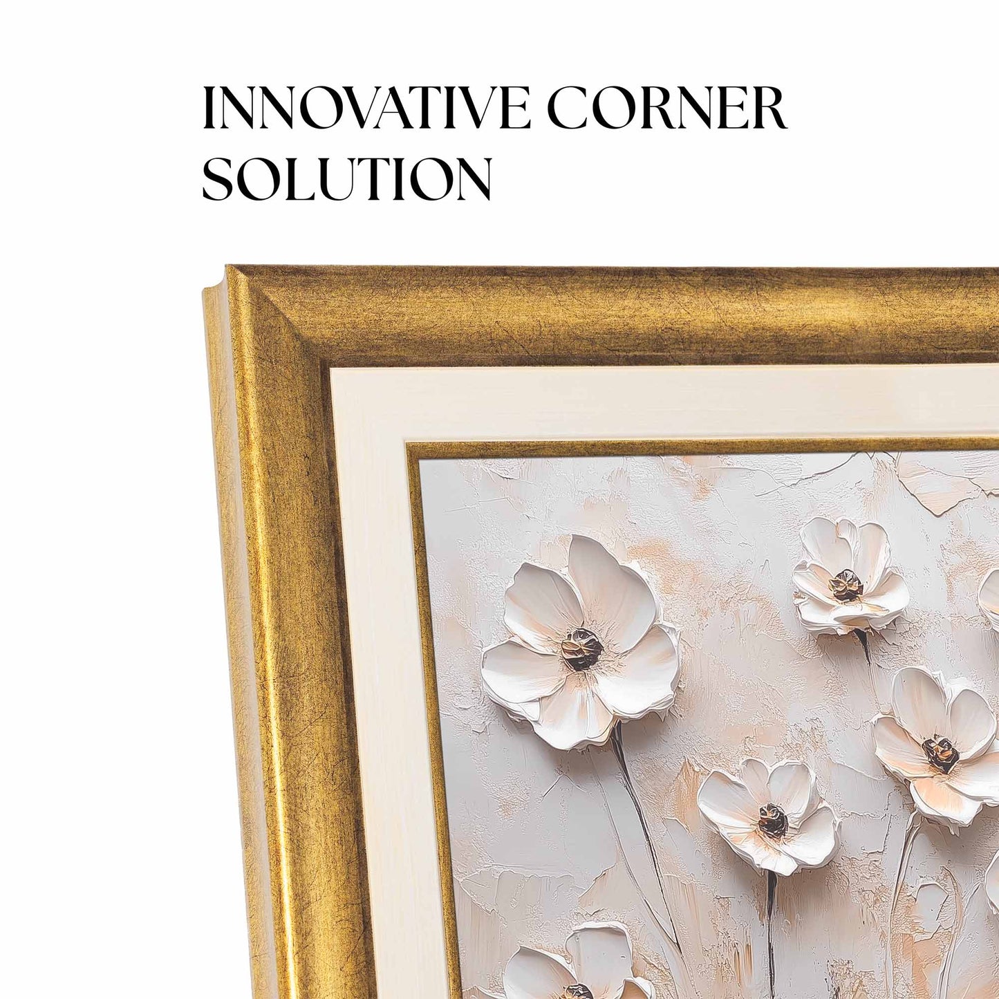 Corner of golden TV Frame with text "Innovative corner solution".