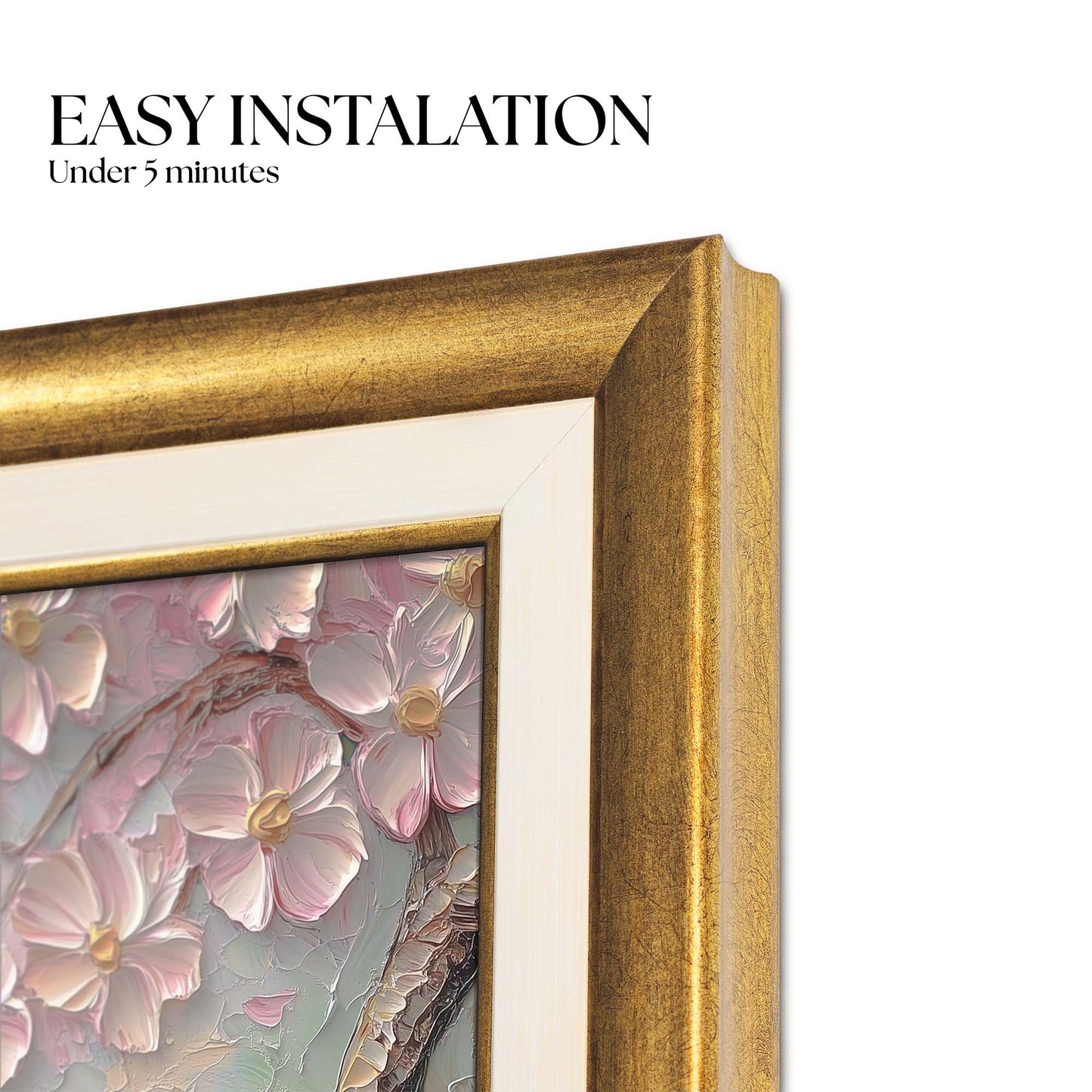 Corner of golden white Samsung Frame TV with text "Easy instalation under 5 minutes".