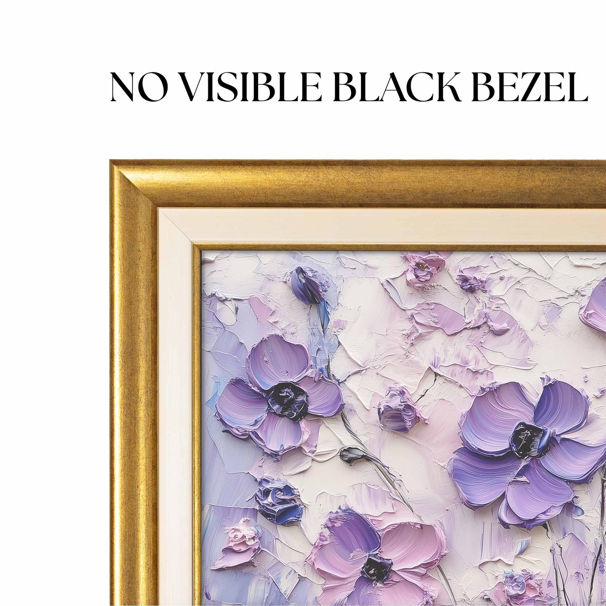 Golden Frame TV with text "No visible black bezel".