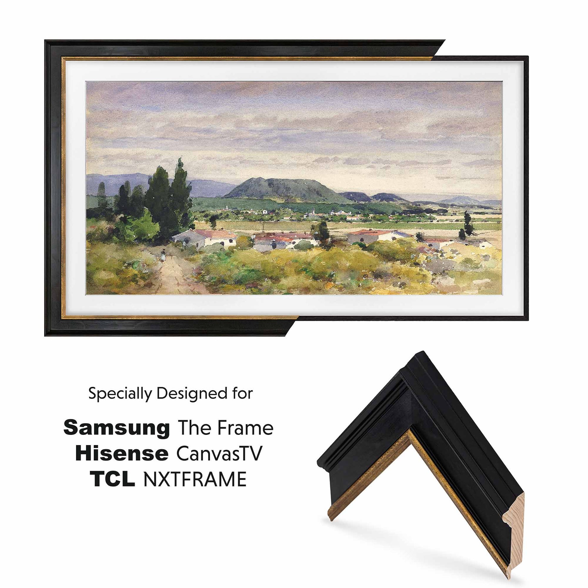 Black + Gold tv frame is specially made for Samsung & TCL TV's
