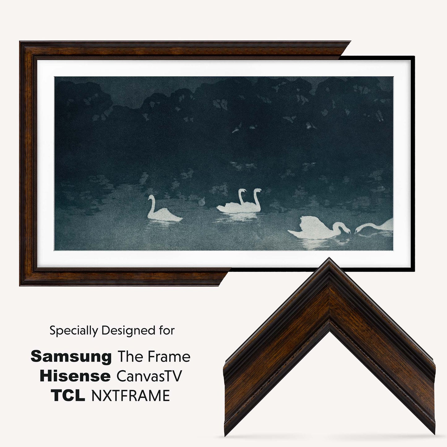 Framed artwork with swan design on a white background, featuring compatibility with Samsung, Hisense, CanvasTV, and TCL brands.