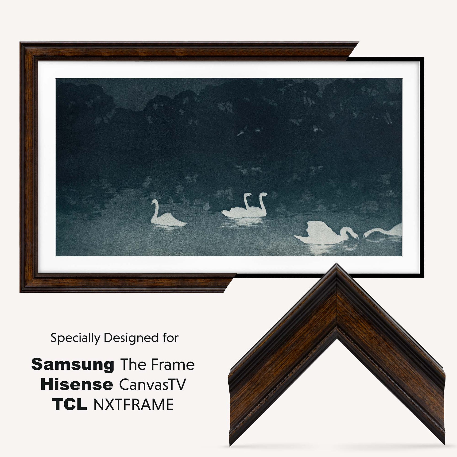 Framed artwork with swan design on a white background, featuring compatibility with Samsung, Hisense, CanvasTV, and TCL brands.