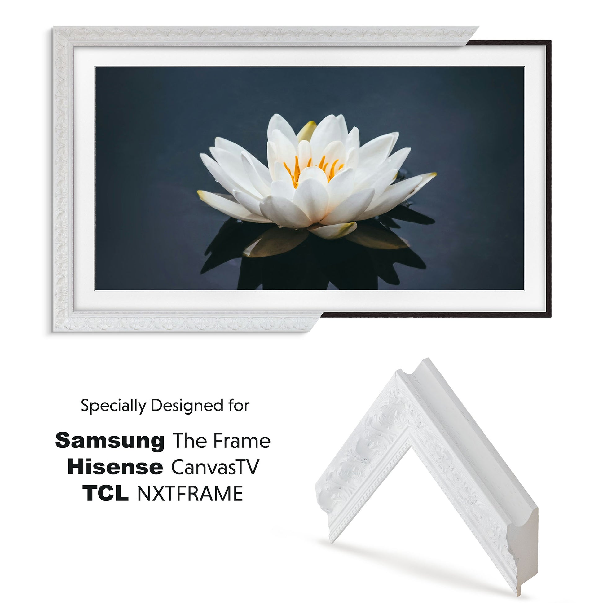 Framed display of a white flower on a screen with compatibility text for Samsung, Hisense, and TCL products.