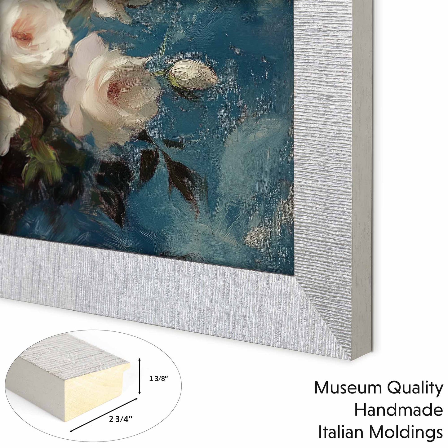 Floral painting with a gray tv frame and detailed frame tv molding information.