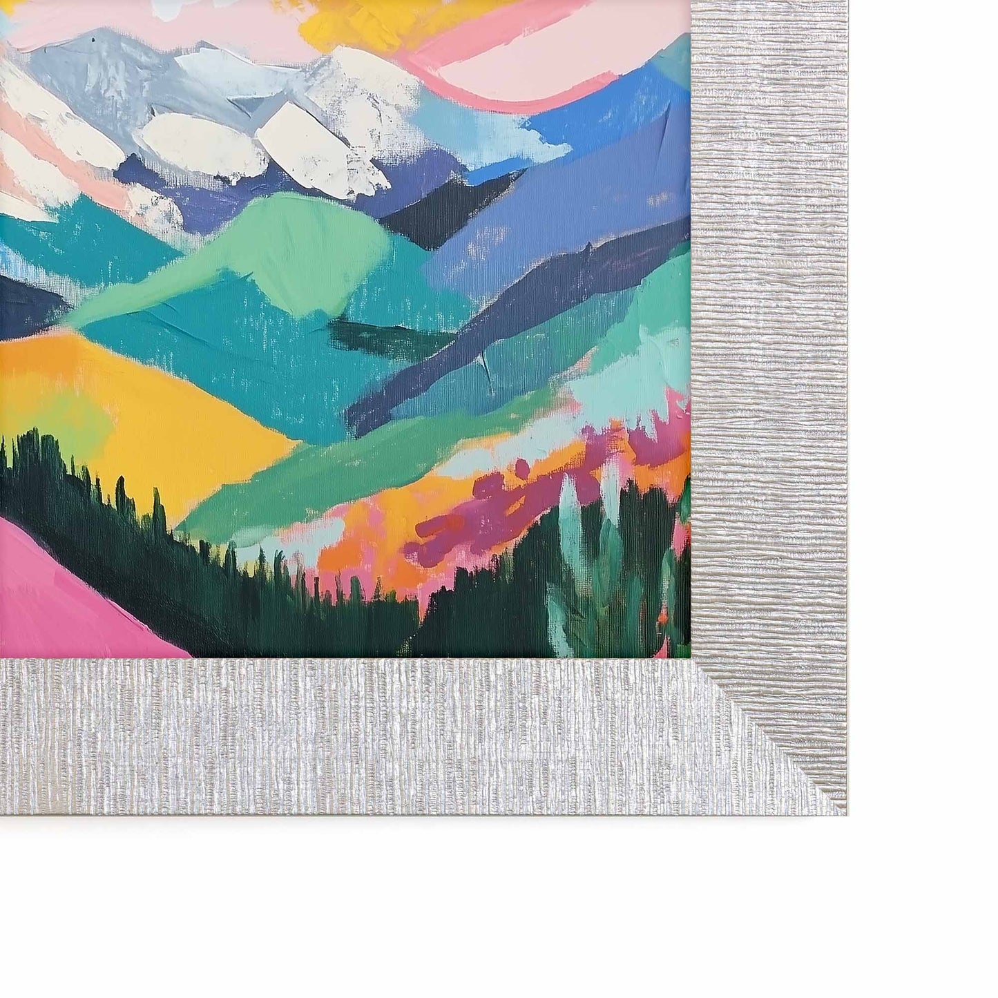 Colorful abstract landscape painting with mountains and trees on a textured wall in a modern silver tv frame
