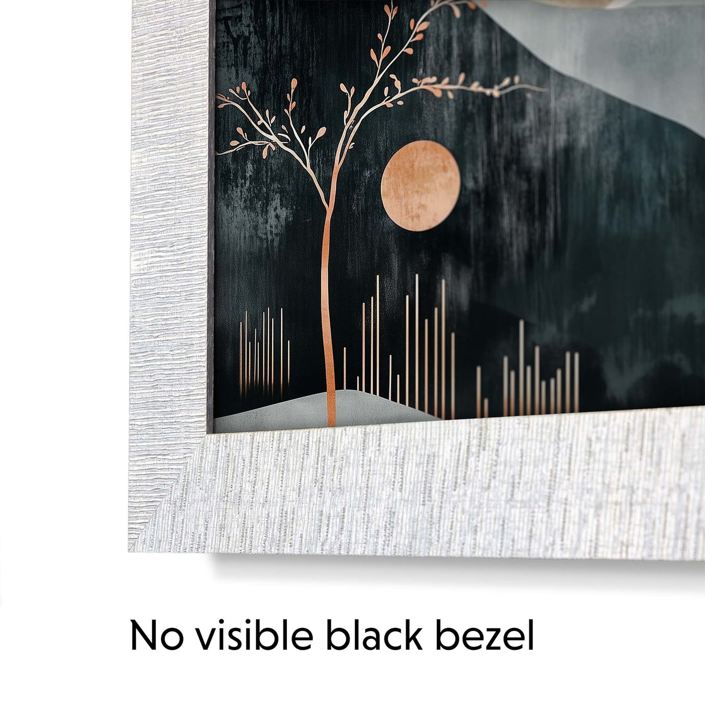 Framed artwork with a tree and moon against a dark background, no visible black bezel.