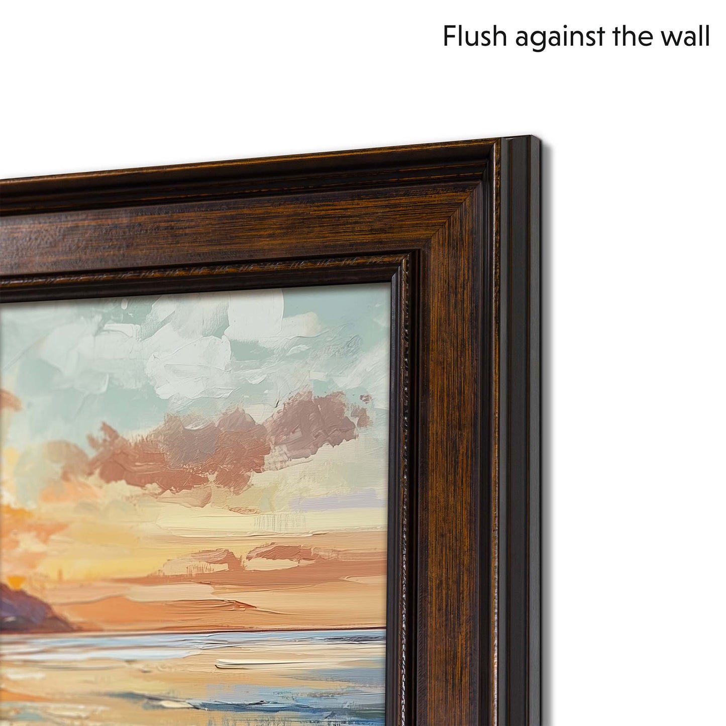 Framed artwork with a dark wood border against a white wall.