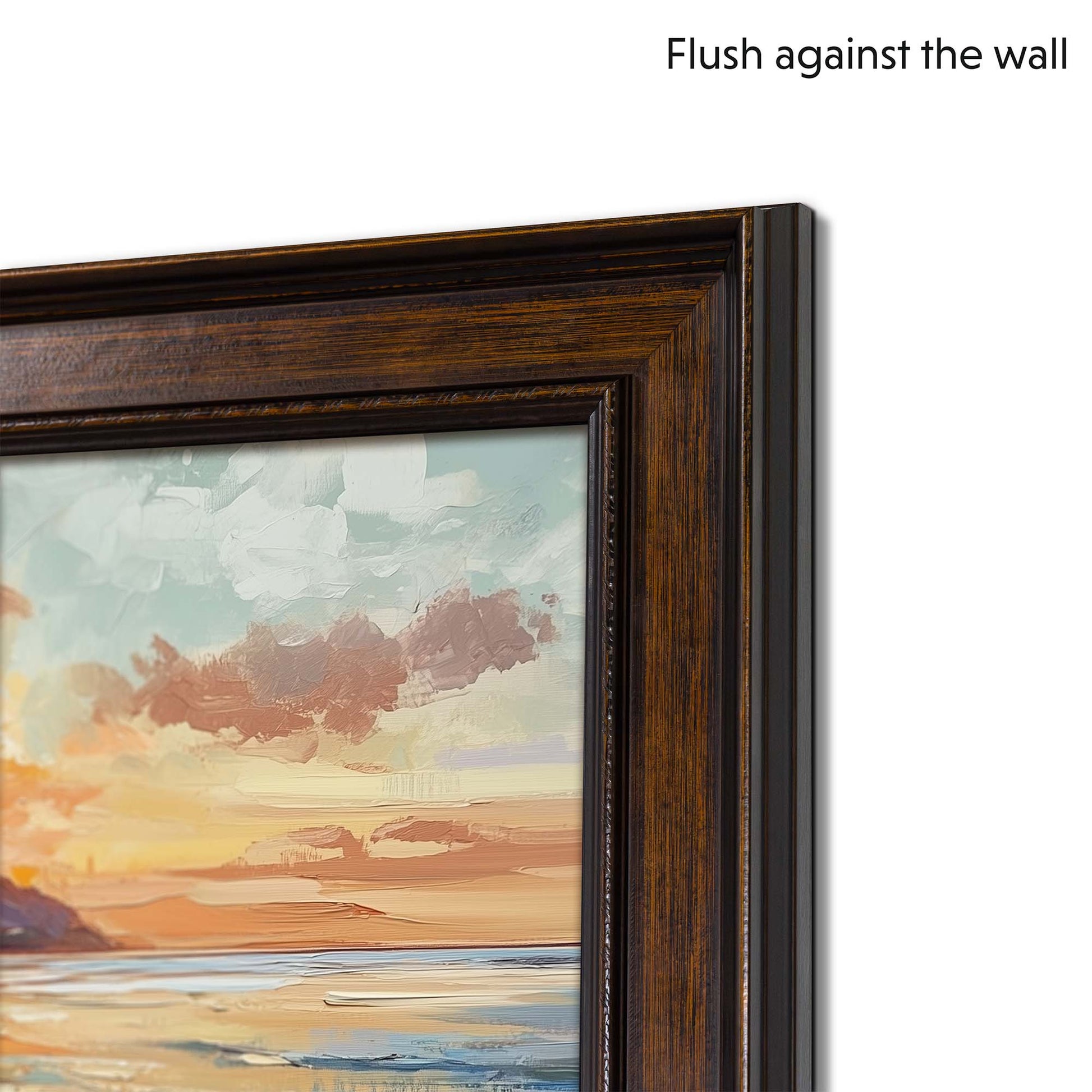 Framed artwork with a dark wood border against a white wall.