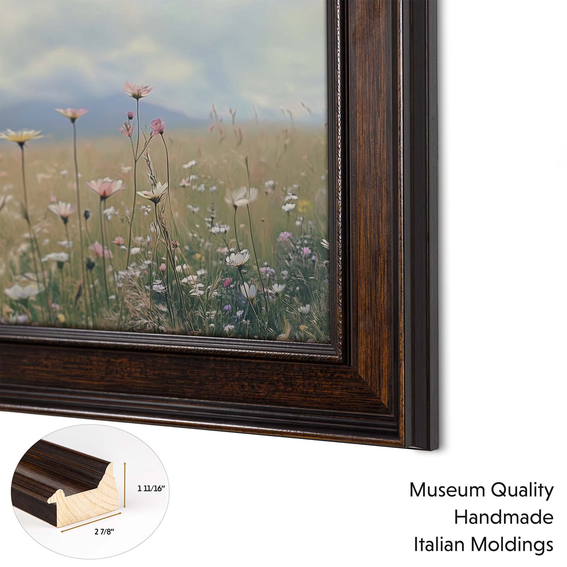 Framed artwork of a floral landscape with detailed molding on a white background
