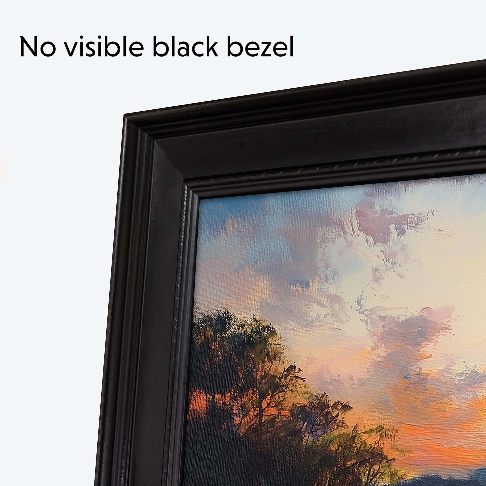 Corner of a black wooden TV Frame with text on top "No visible black bezels".