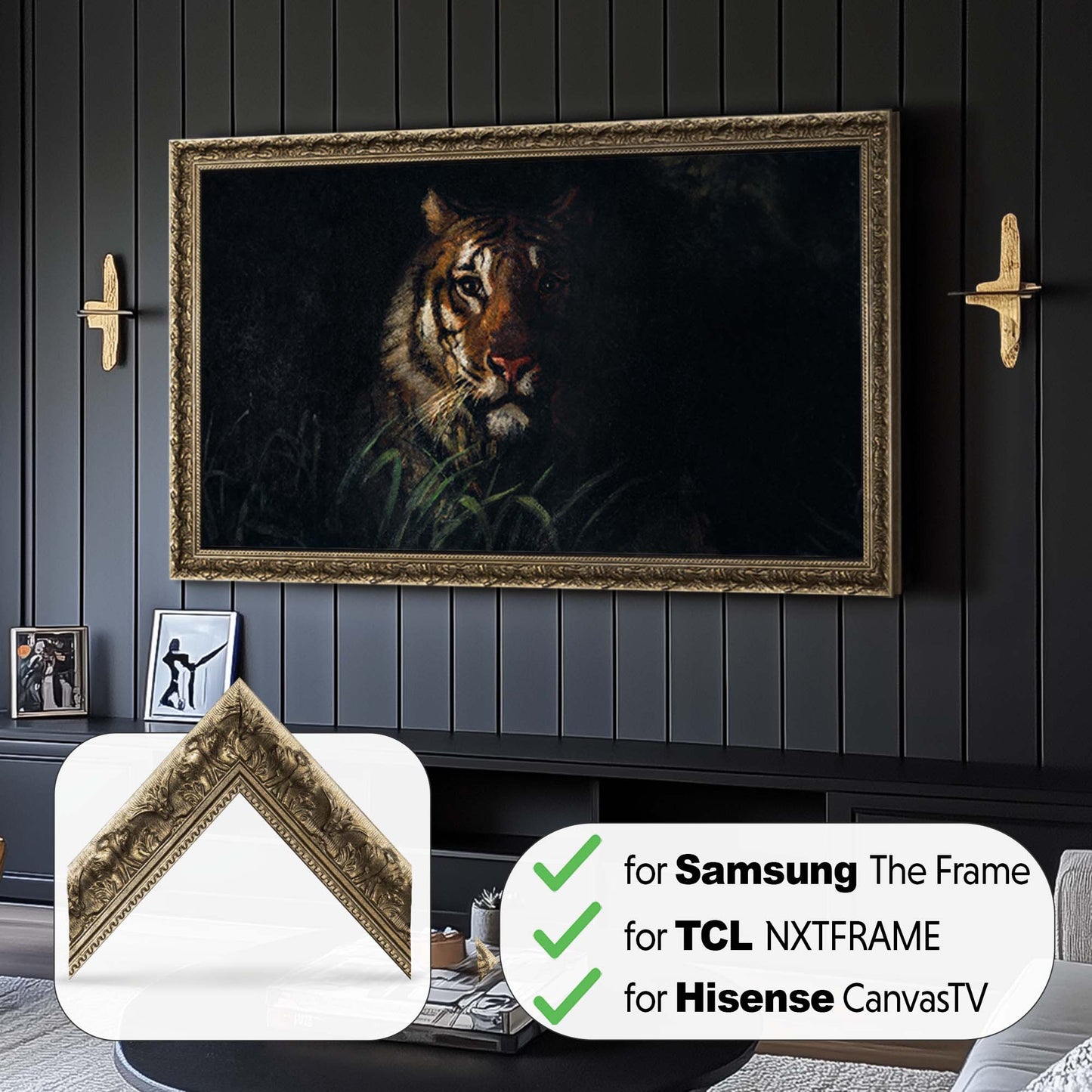 Cadre doré orné pour Samsung The Frame TV, lunette TV finition or antique faite à la main, tailles de cadre TV en bois 32, 43, 50, 55, 65, 75, 85 pouces