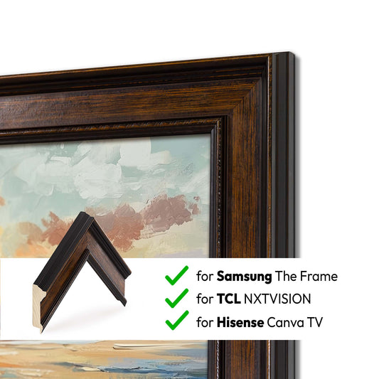 Cadre TV pour téléviseurs Samsung The Frame, lunette TV faite à la main, finition rustique en bois foncé et or, tailles de cadre TV 32, 43, 50, 55, 65, 75, 85 pouces