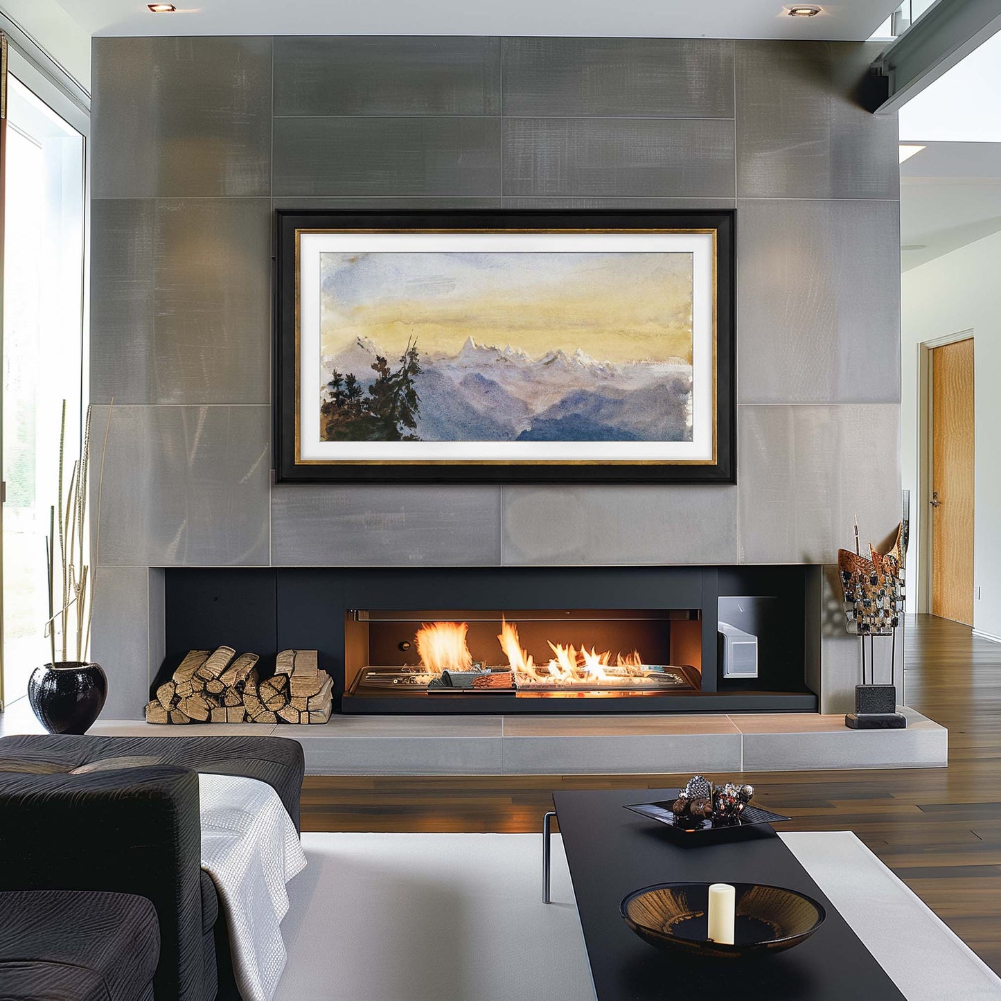 black and gold tv frame in modern living room black fire place