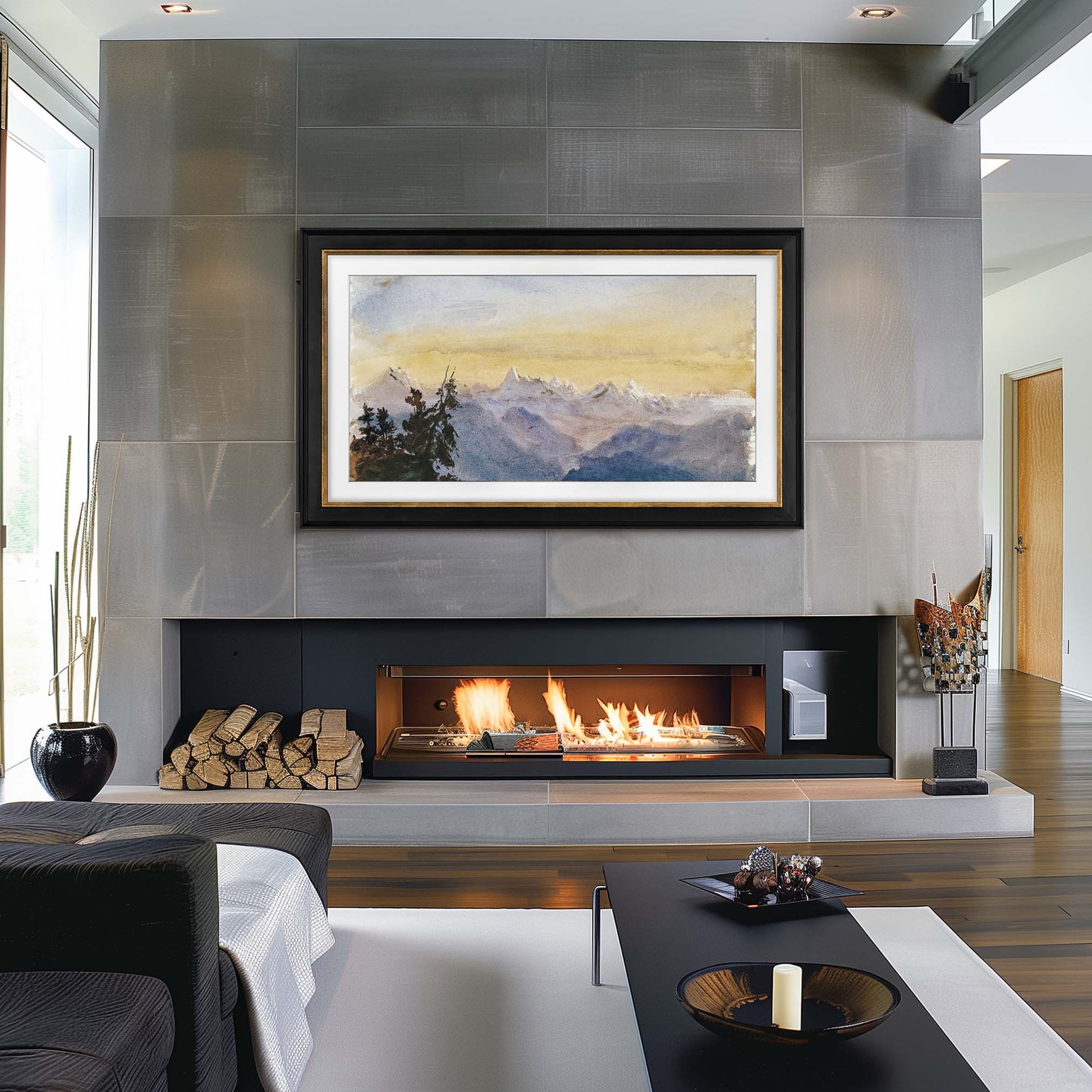 black and gold tv frame in modern living room black fire place