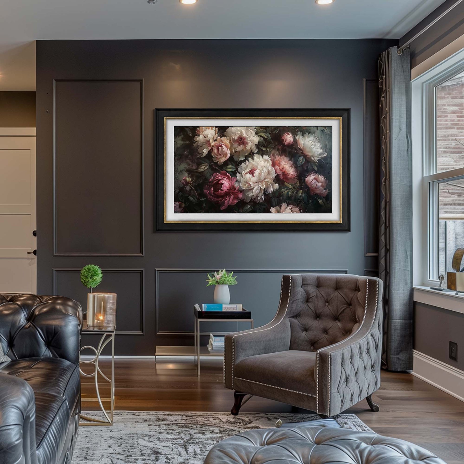 Black & Gold Tv Frame in Dark Contemporary style living room