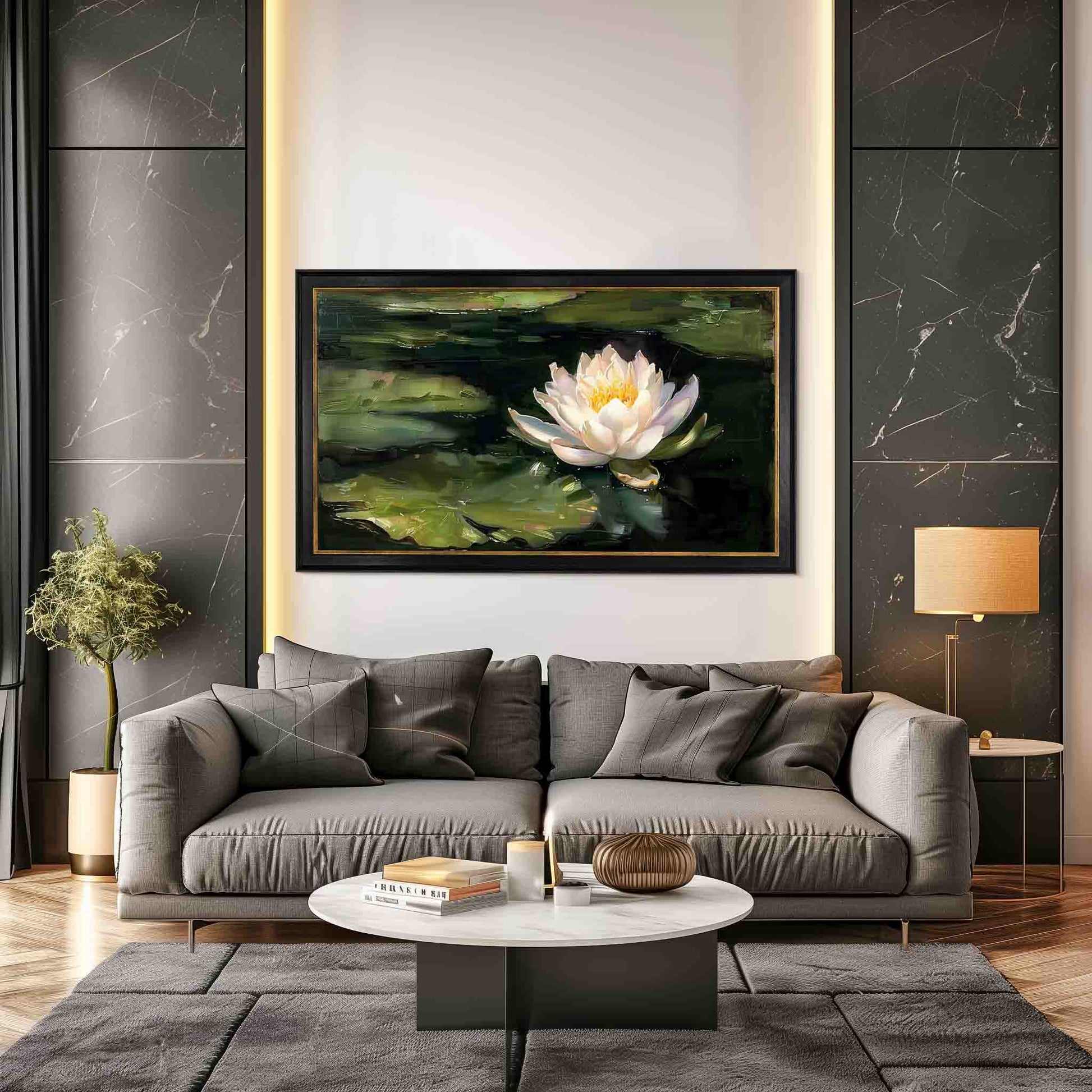 Black and Gold Tv frame on the wall of Luxurious apartment