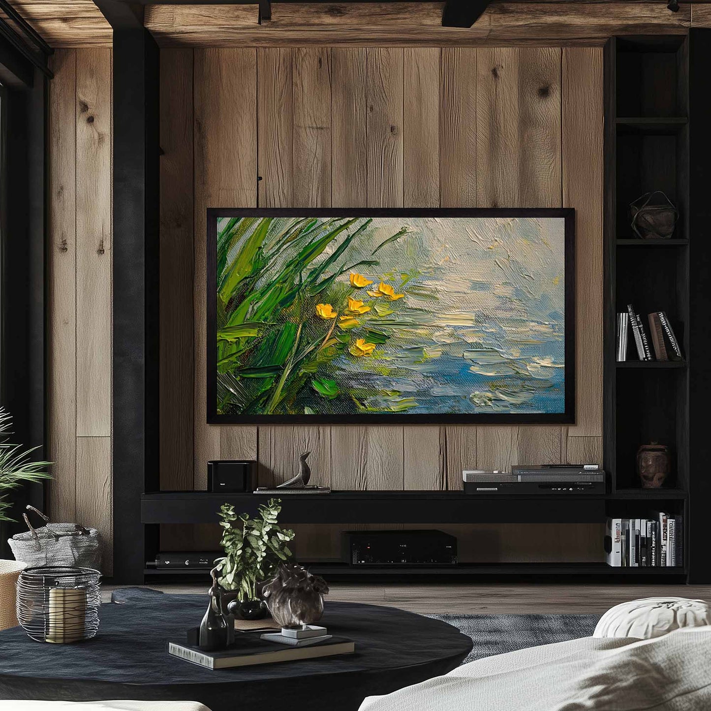 Black Oak TV frame for Samsung The Frame TV's in rustic living room design