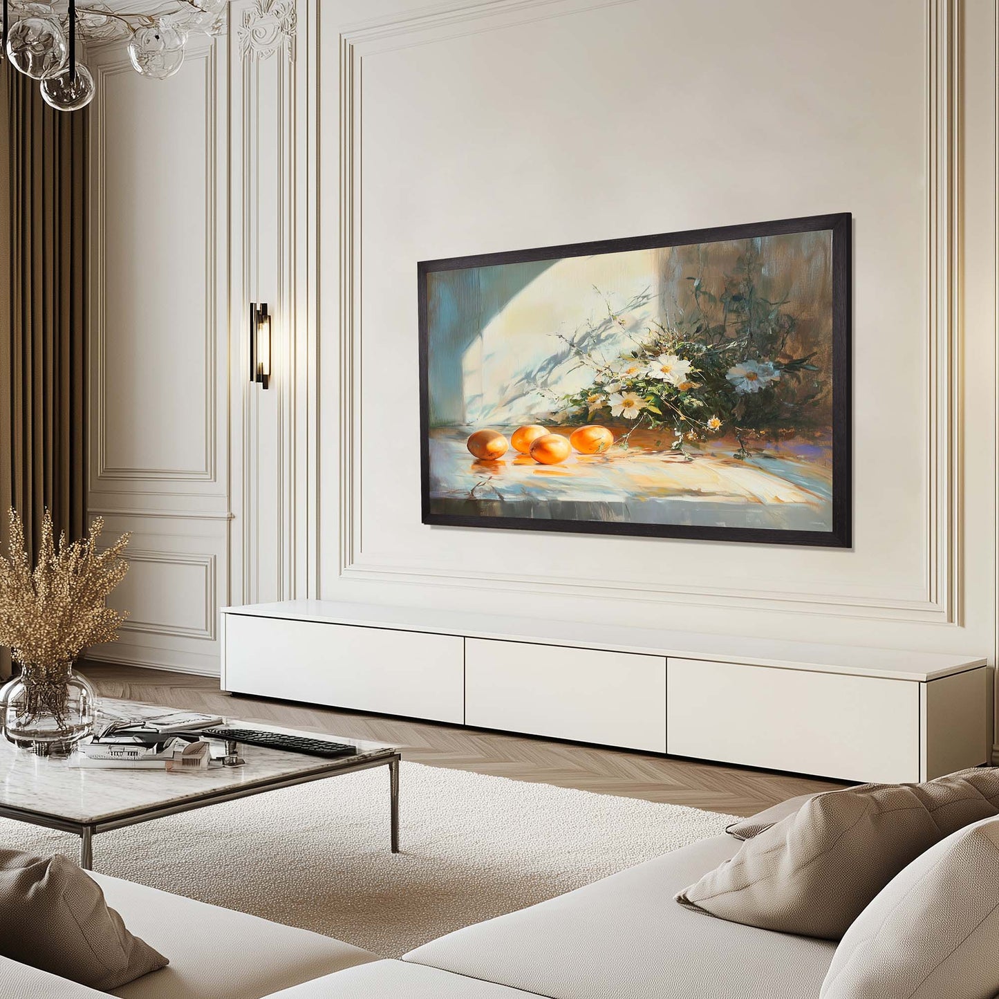 Black Oak Tv Frame in minimalistic interior design