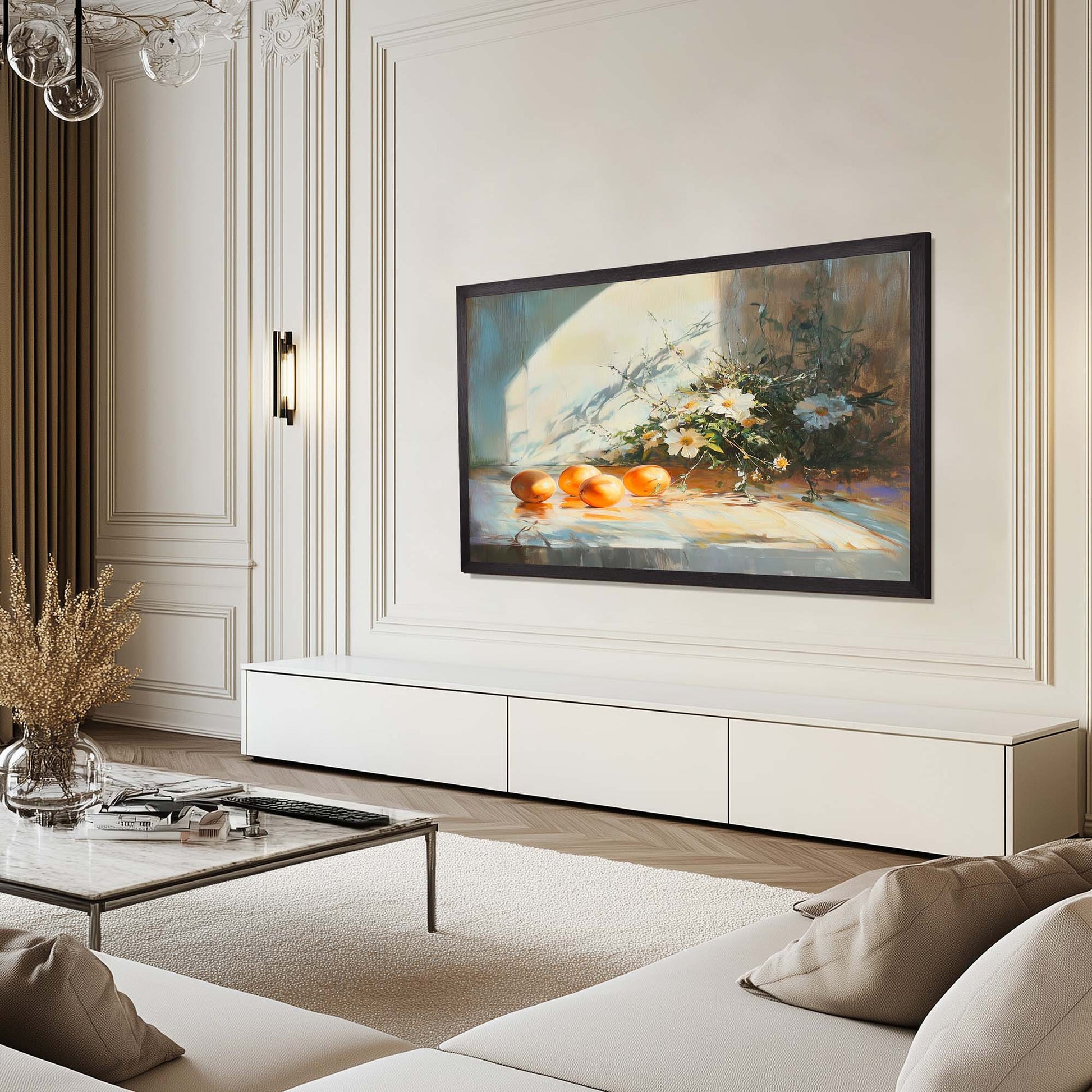 Black Oak Tv Frame in minimalistic interior design