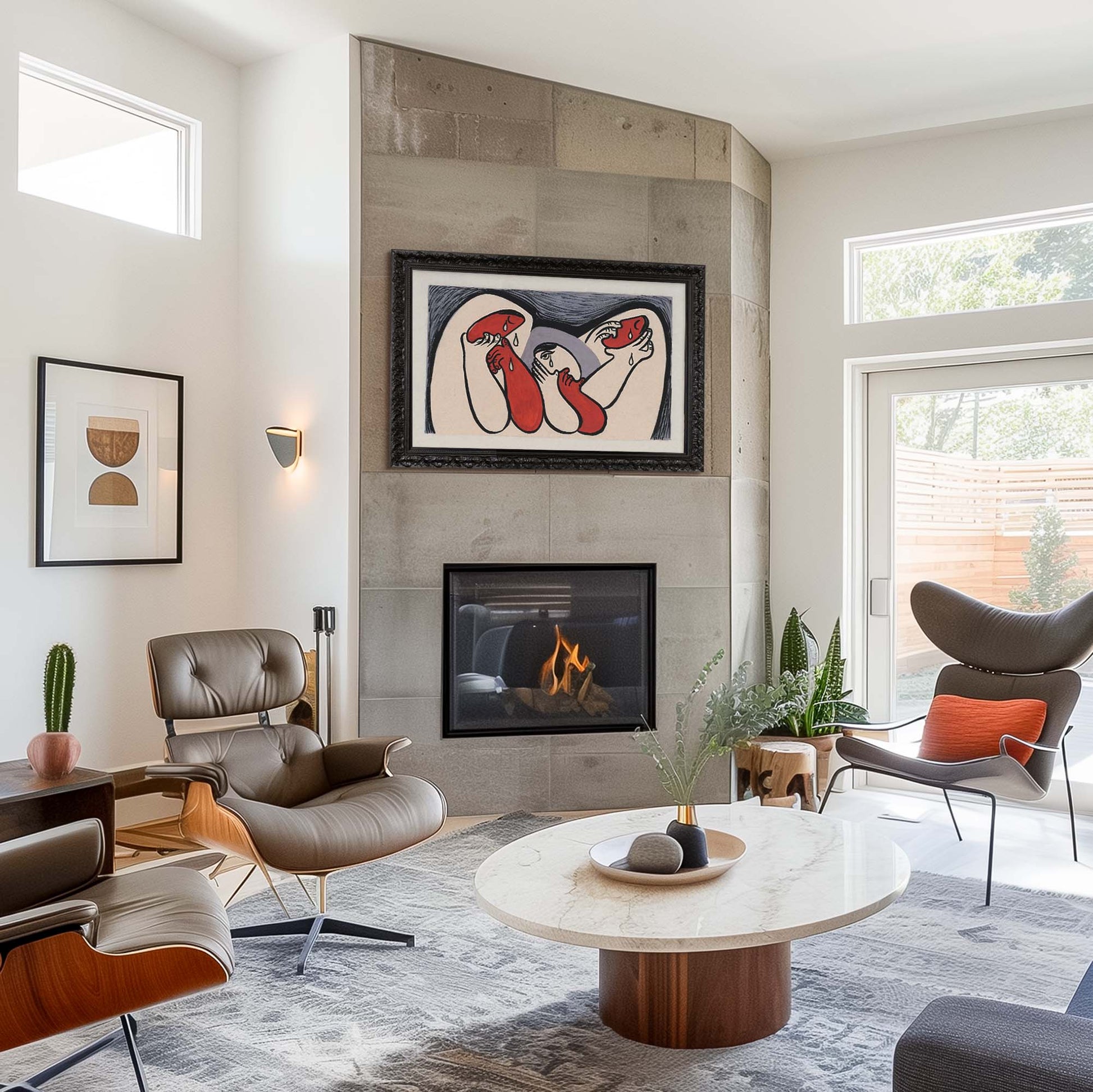 Black Ornate Tv frame in  minimalist living room design with a concrete fireplace
