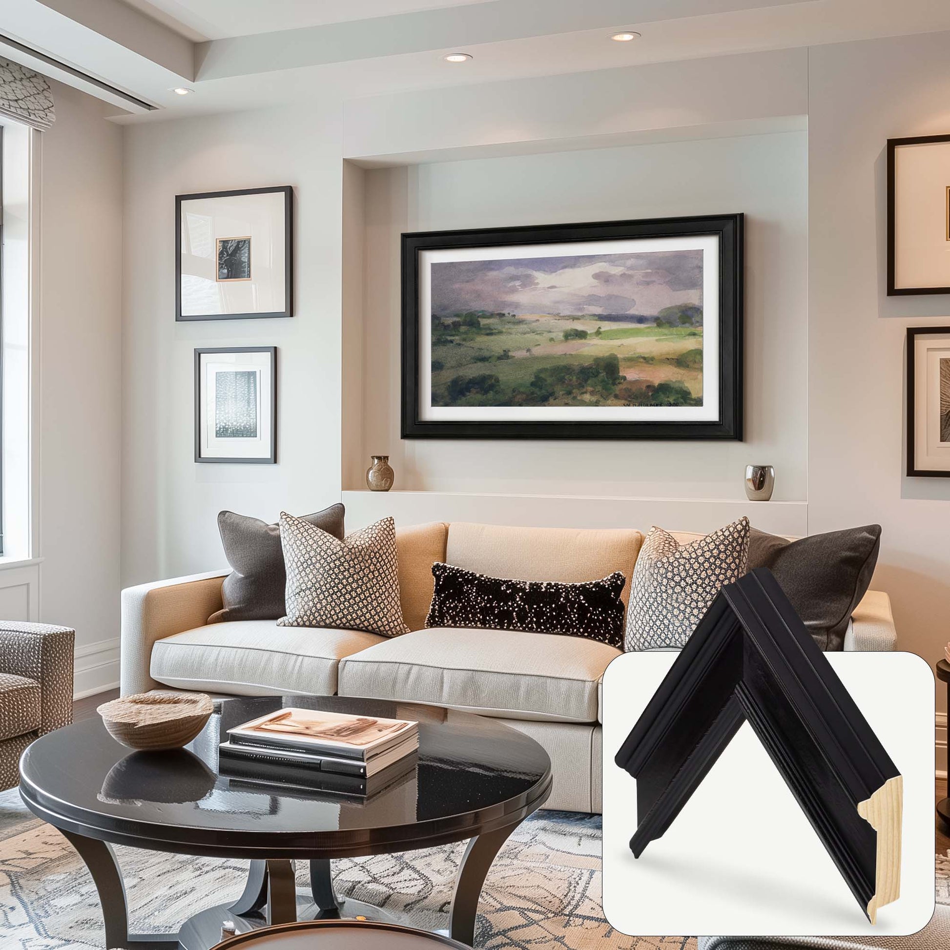 Black frame on wall mounted tv above the sofa in traditional living room