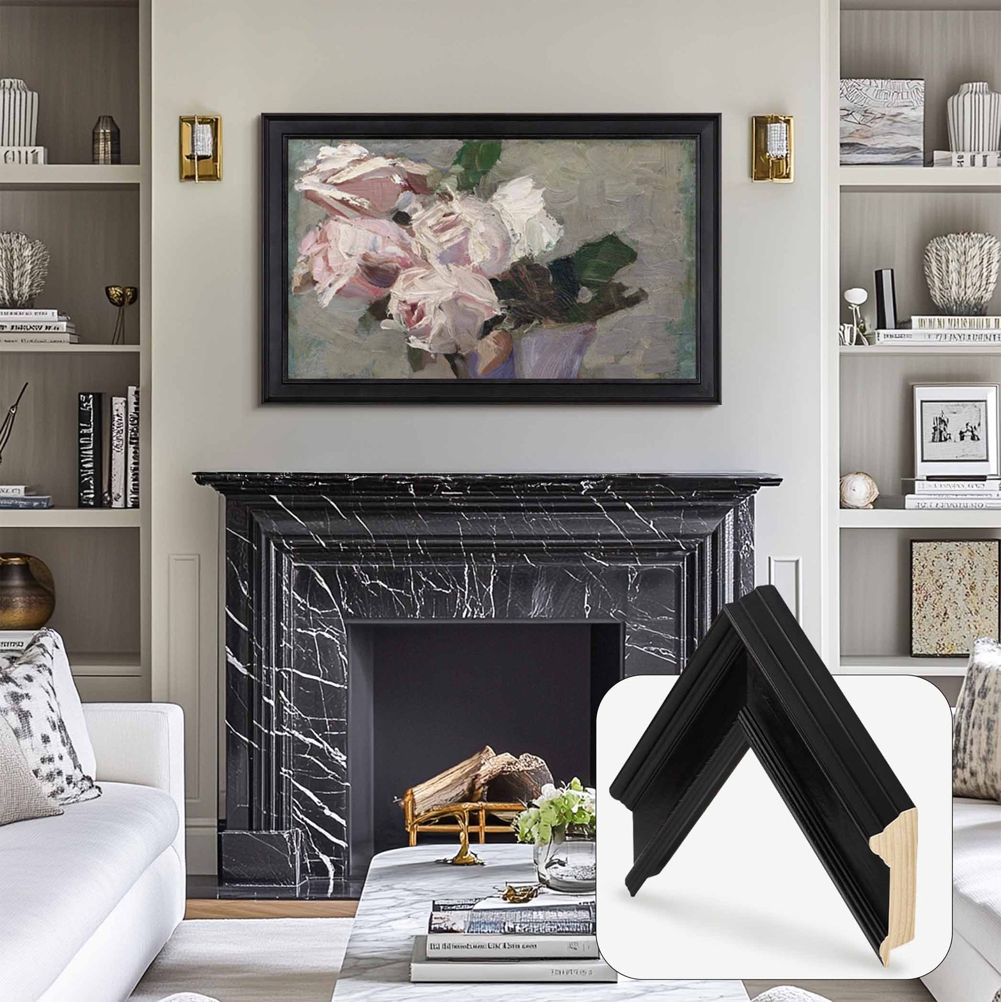 Handcrafted black wooden TV Frame in modern sophisticated interior with luxury decor.