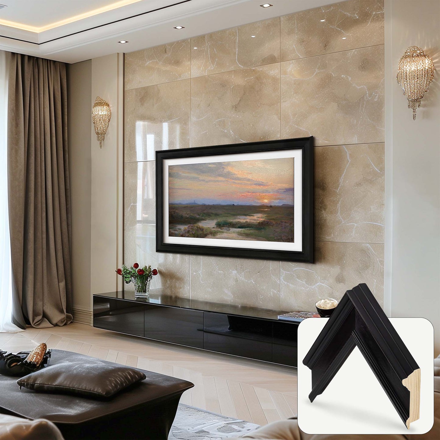 Black wooden TV Frame in luxurious apartment showcasing an artwork.