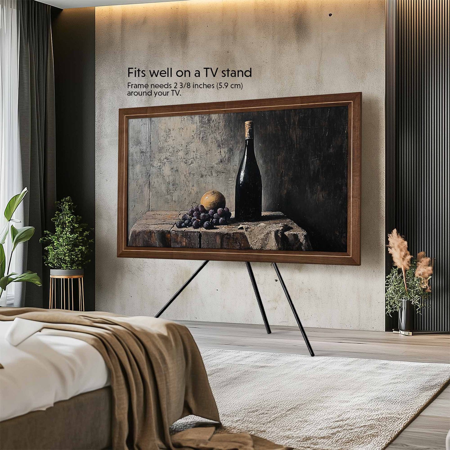 Black Walnut tv bezel on the tripod stand in modern bedroom design