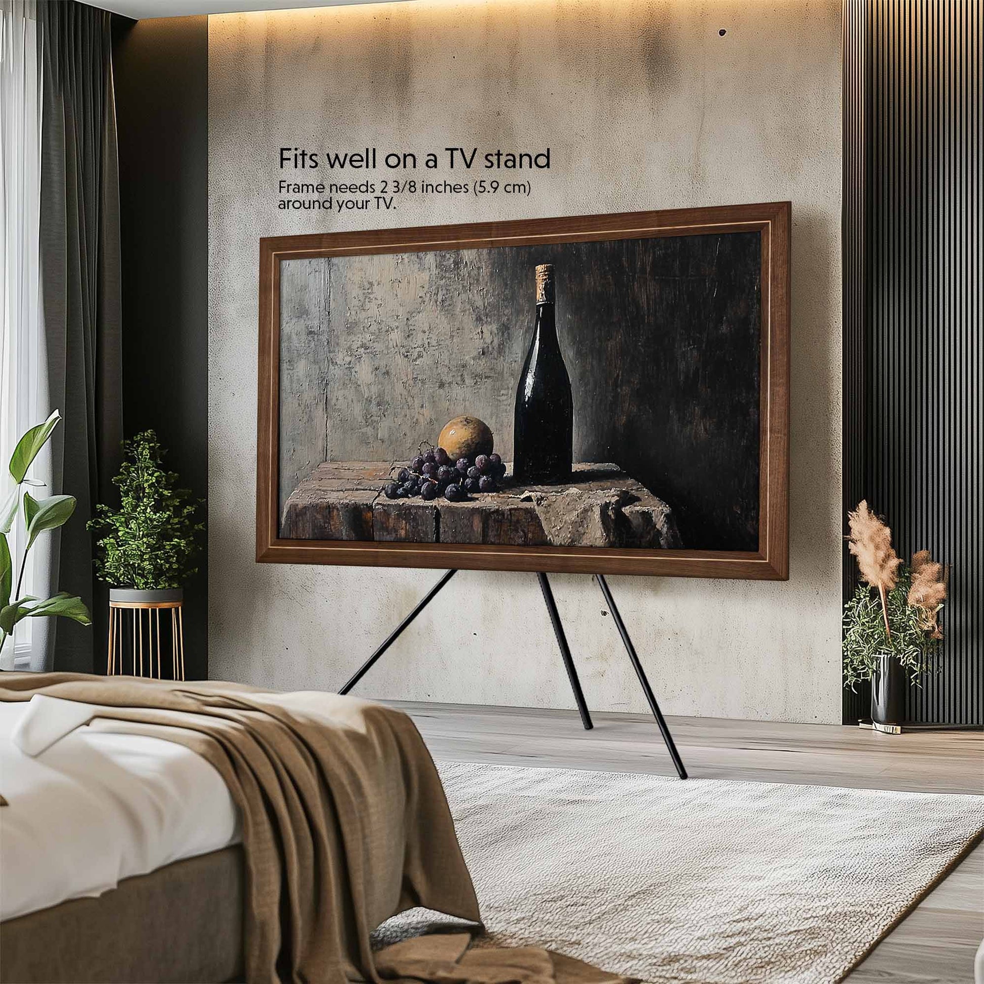 Black Walnut tv bezel on the tripod stand in modern bedroom design