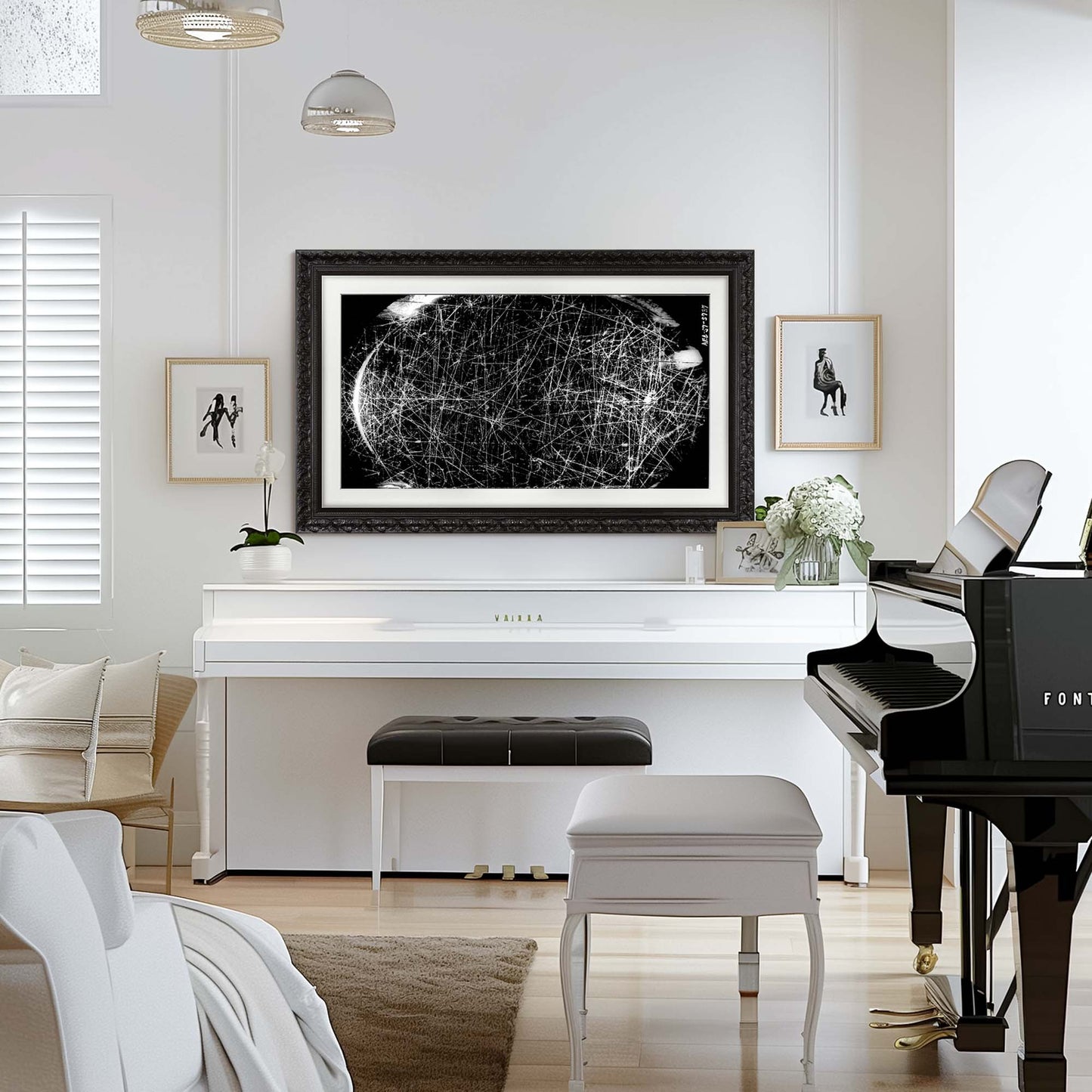 Black ornate tv frame on wall mounted tv above piano