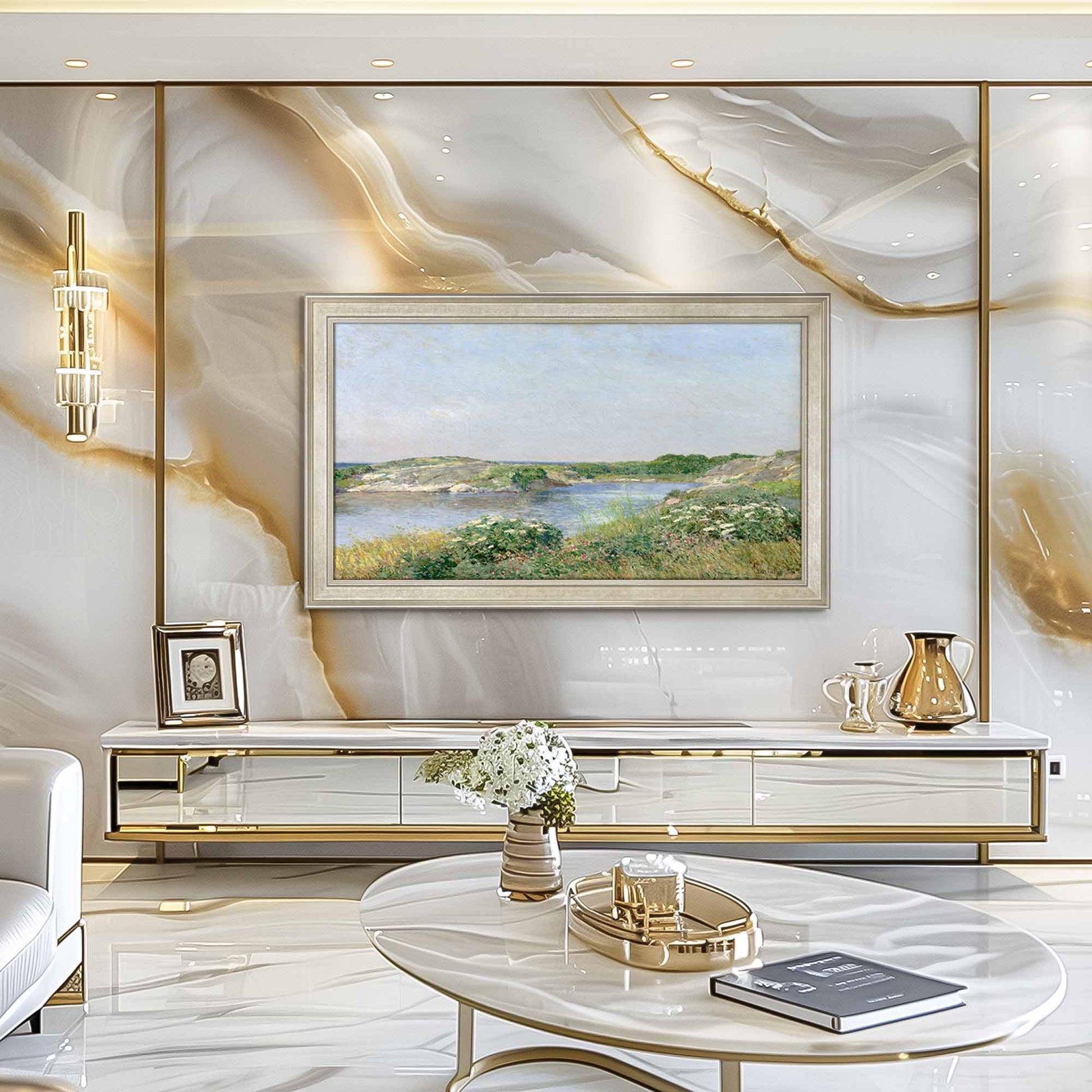 gold and white marble living room wall with tv on the wall, gold metal interior