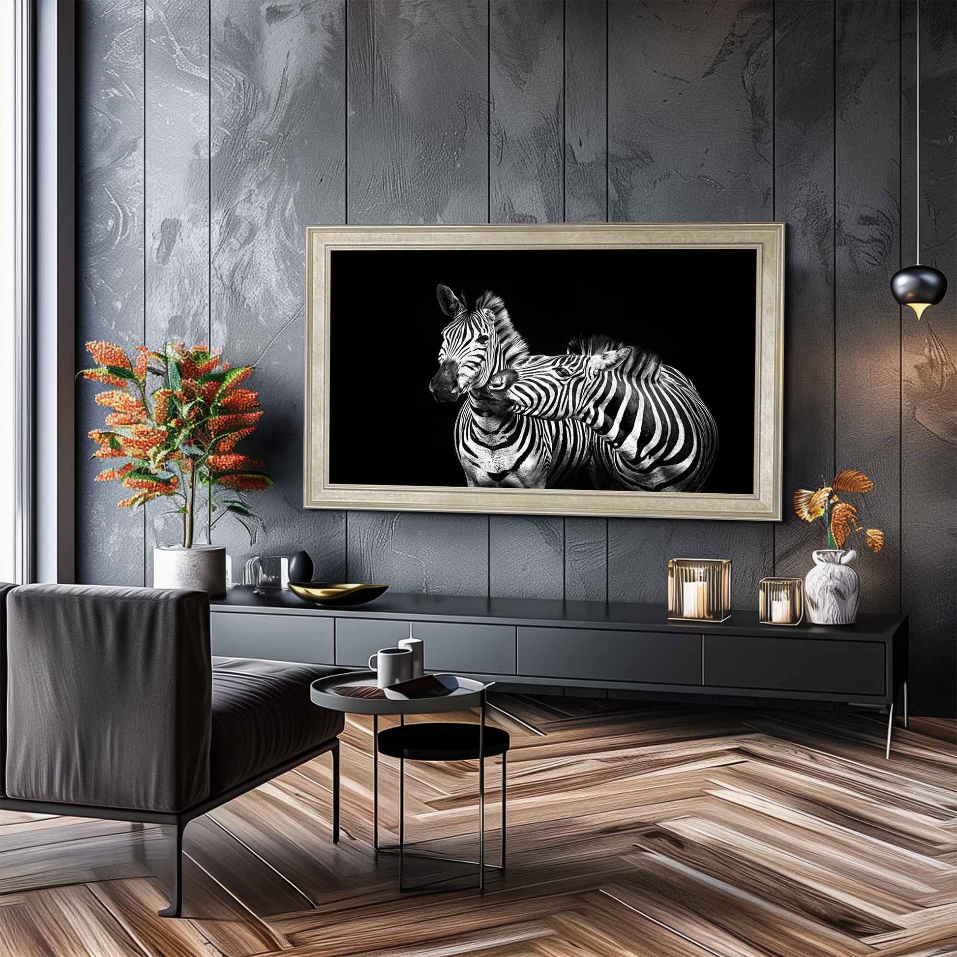 zebra tv art, beige tv frame 65 inches, light tv frame for moody interiors