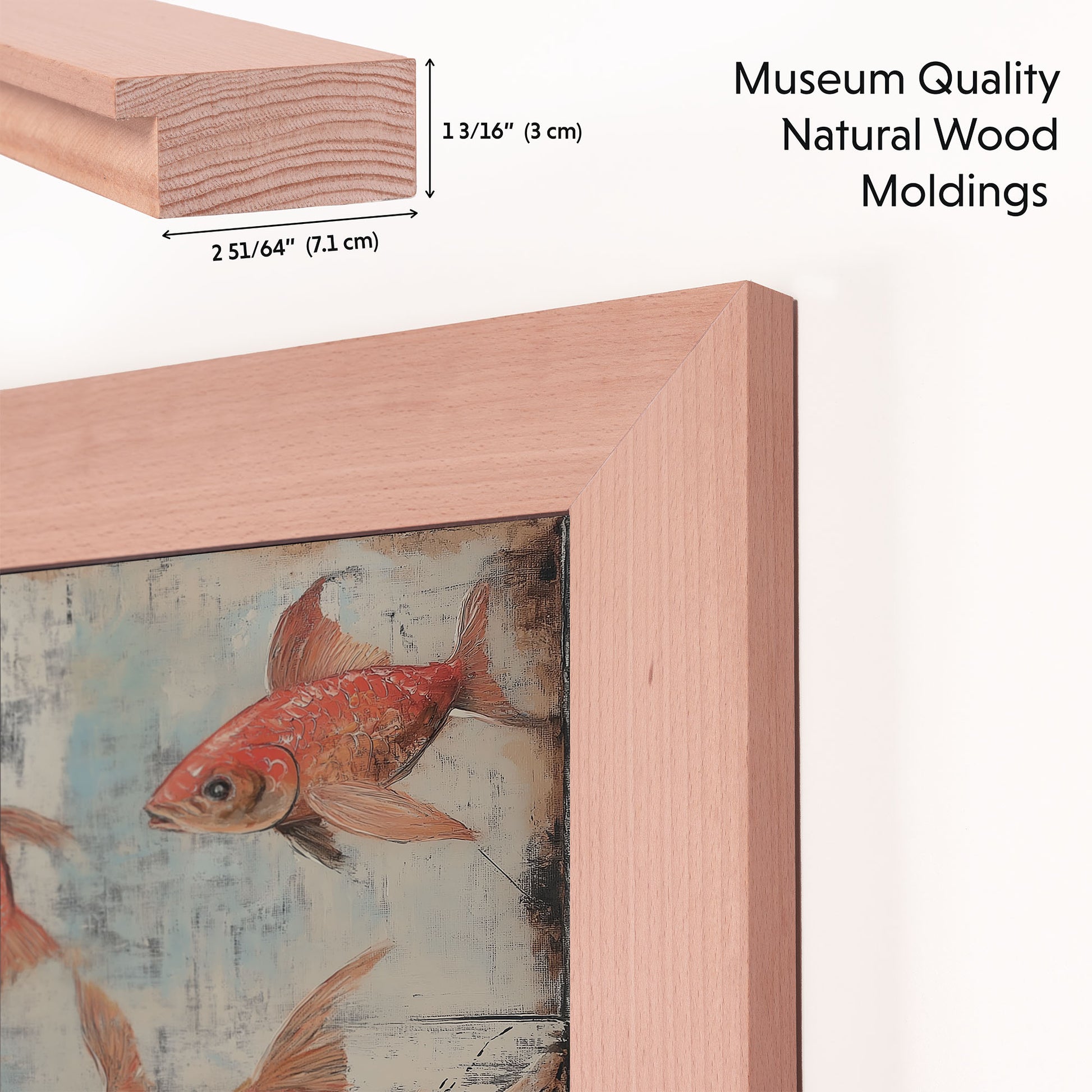 Close up of light museum quality natural wood moldings