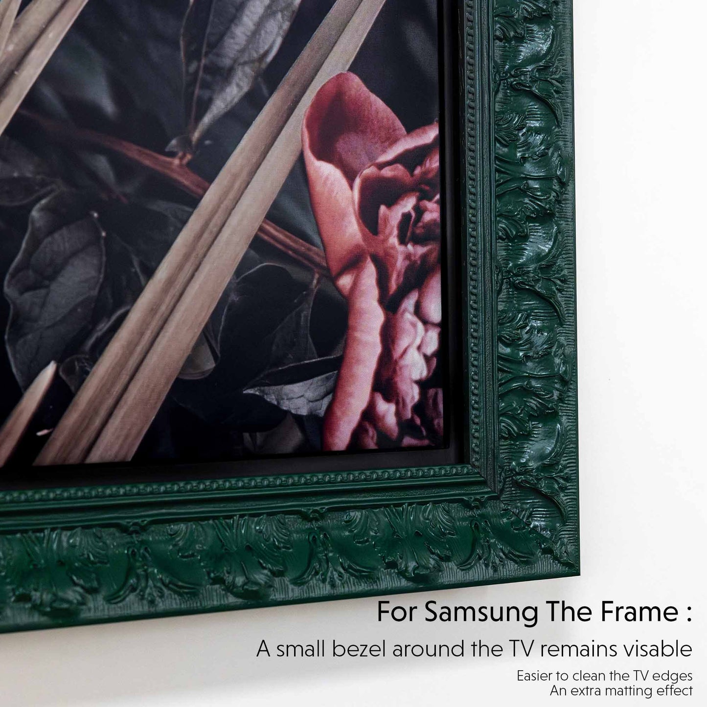 Close up to Forest green ornate tv frame corner