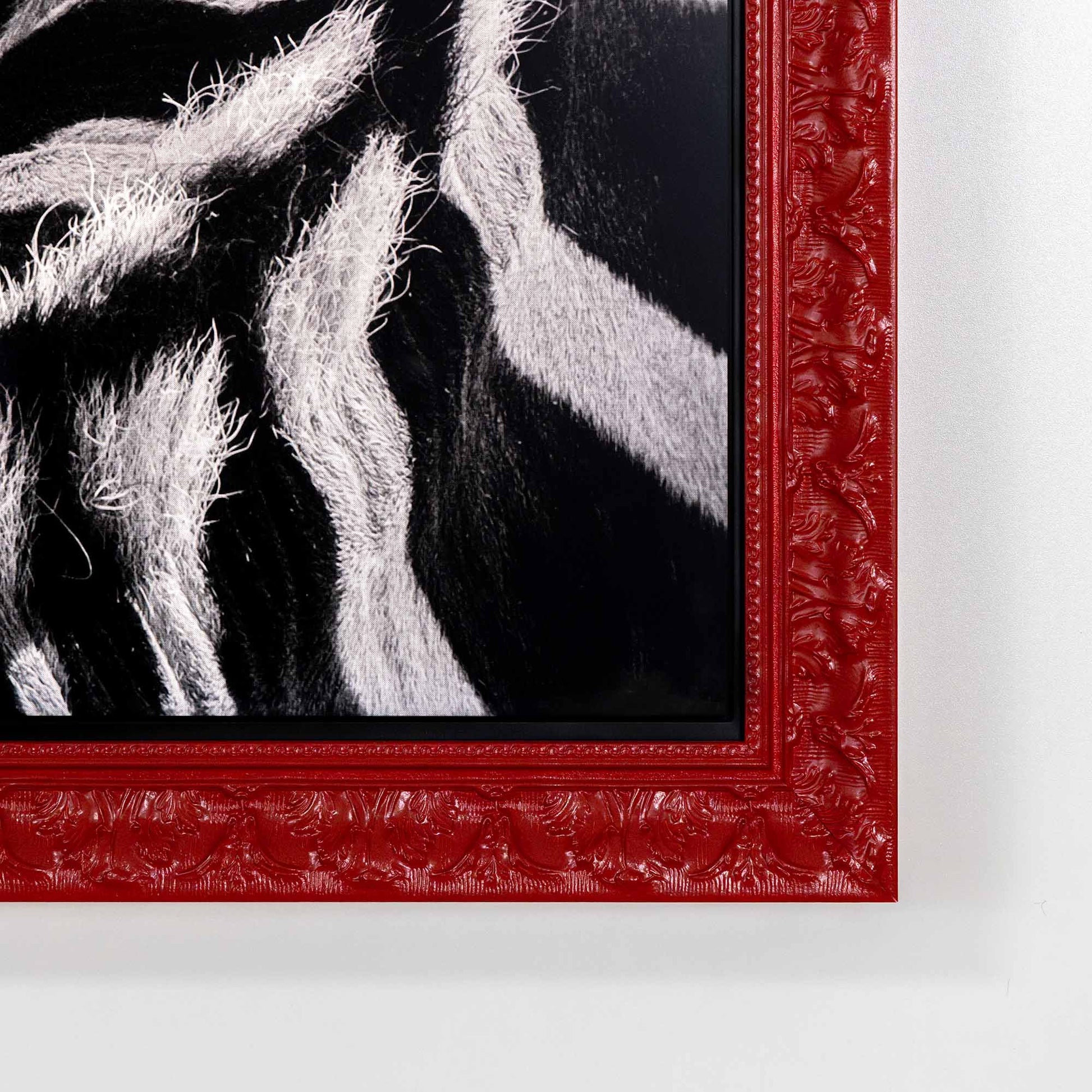 Close up to colonial red ornate TV Frame corner