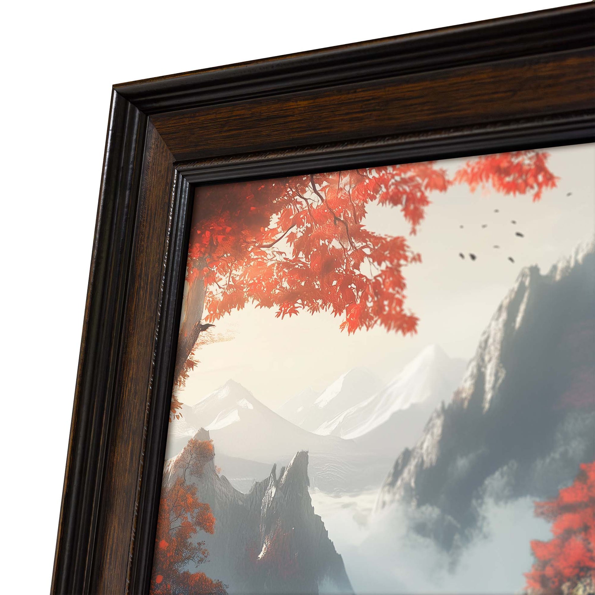 Framed artwork of a mountain landscape with red foliage