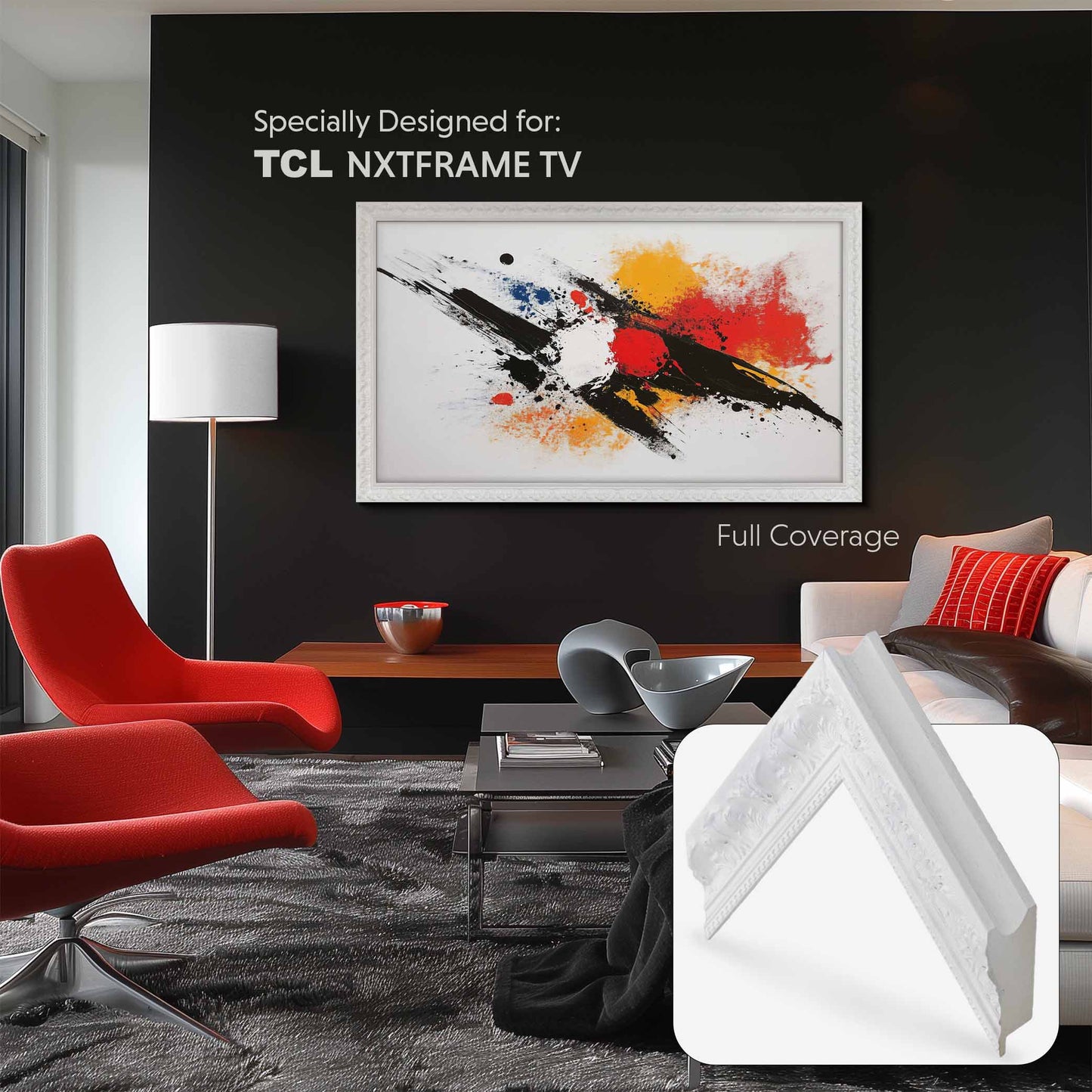 White Ornate Tv frame on black wall in Contemporary style living room with red accent color