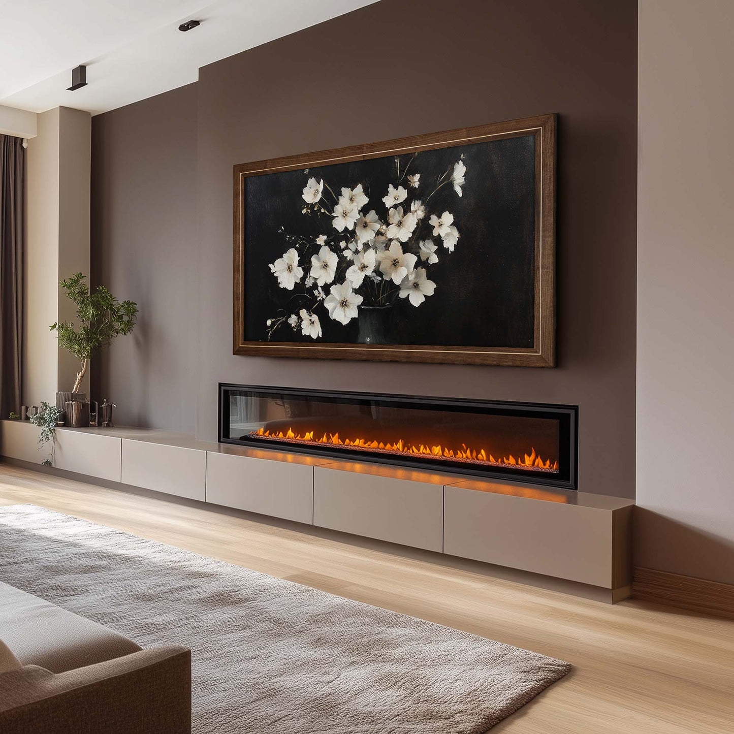Dark Walnut Tv frame on the mocha mouse color wall in modern living room interior