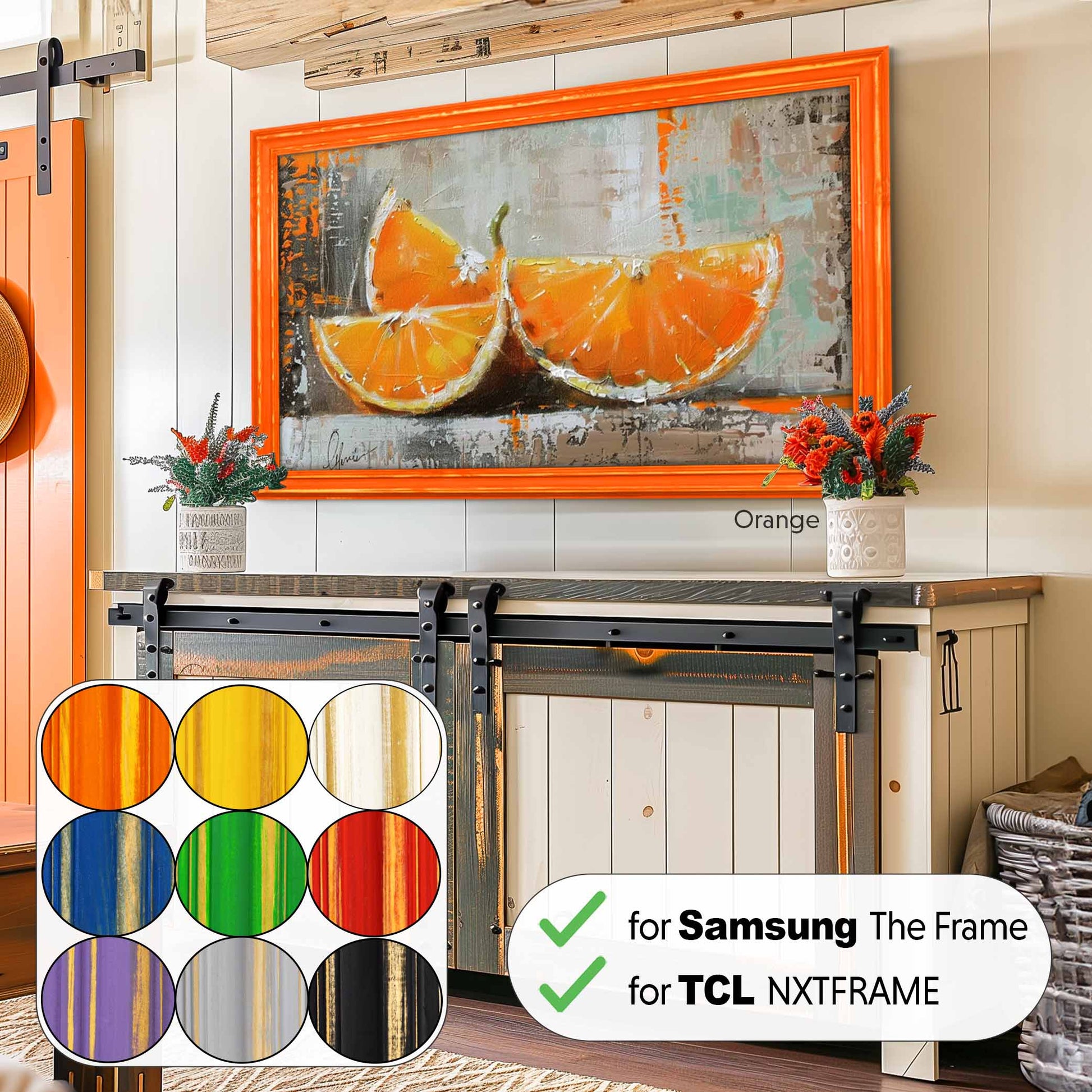 Distressed Orange pine TV frame in farmhouse interior