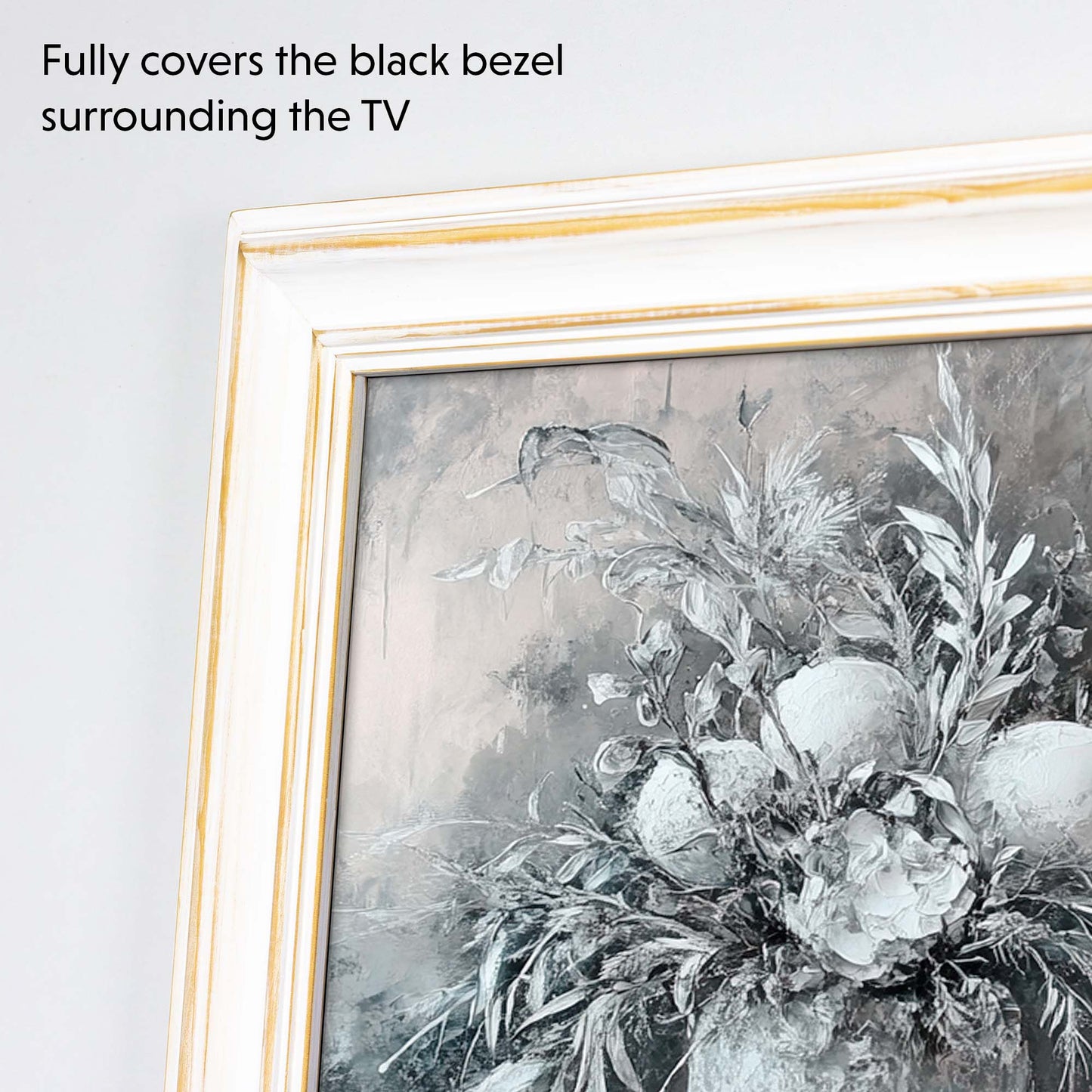 Distressed Tv Frames fully covers TV's black bezel