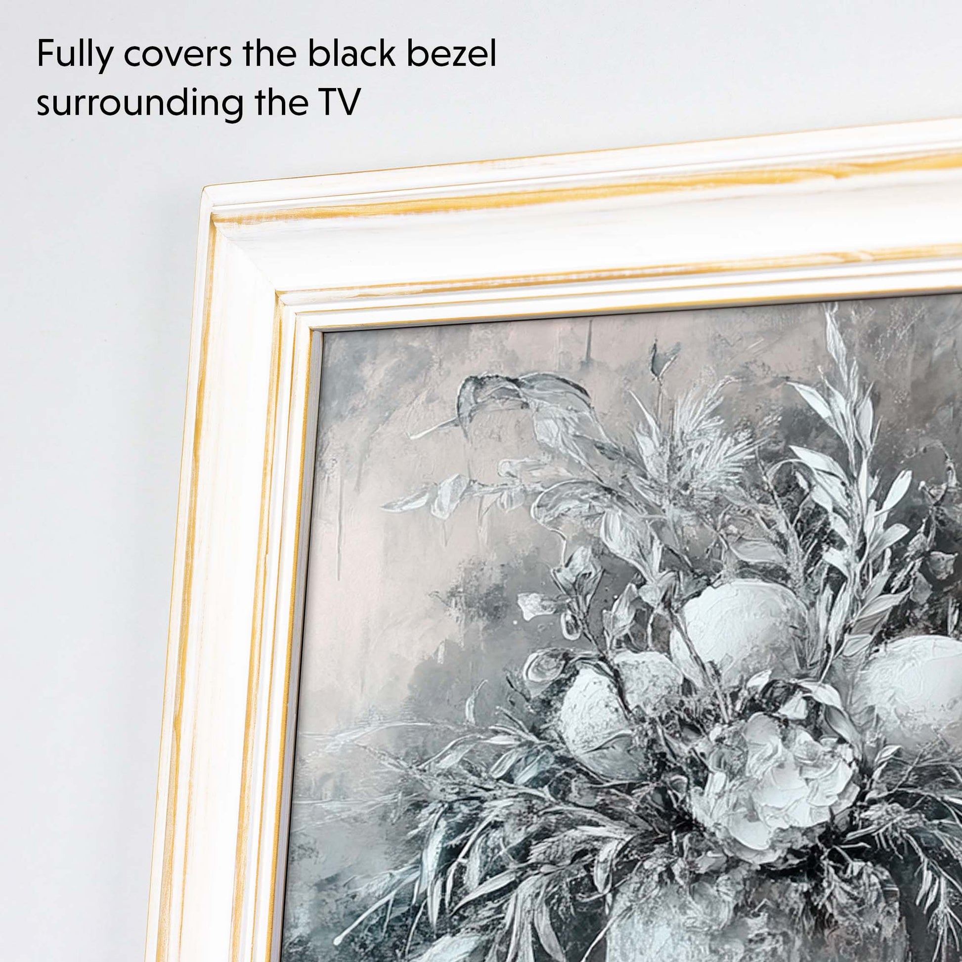 Distressed Tv Frames fully covers TV's black bezel