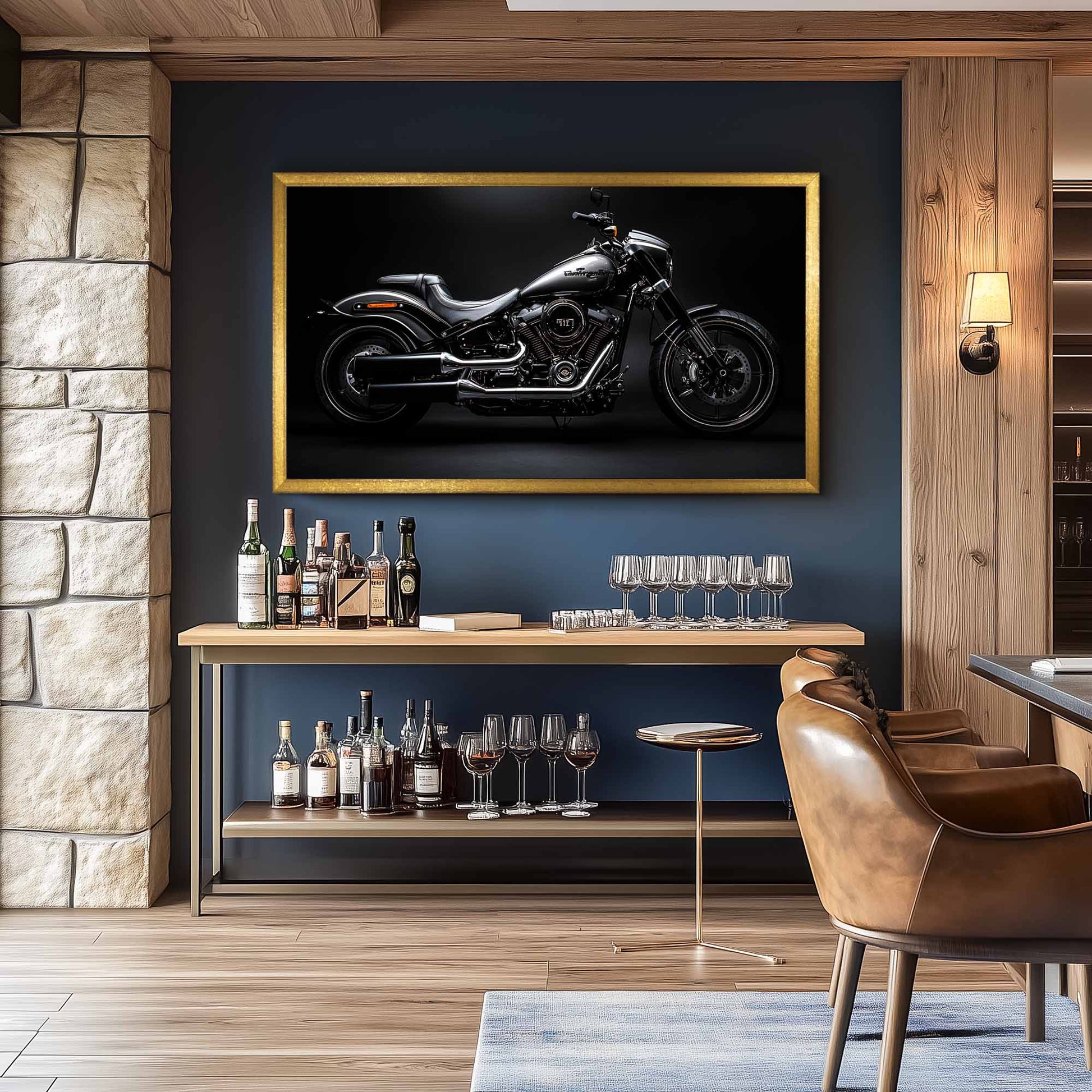 Gold tv frme for Samsung The Frame tv on the wall in bar corner in modern rustic interior