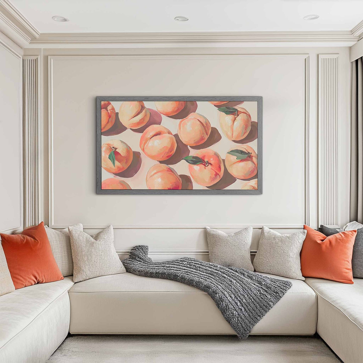 Gray TV Frame on the white wall above sofa in living room