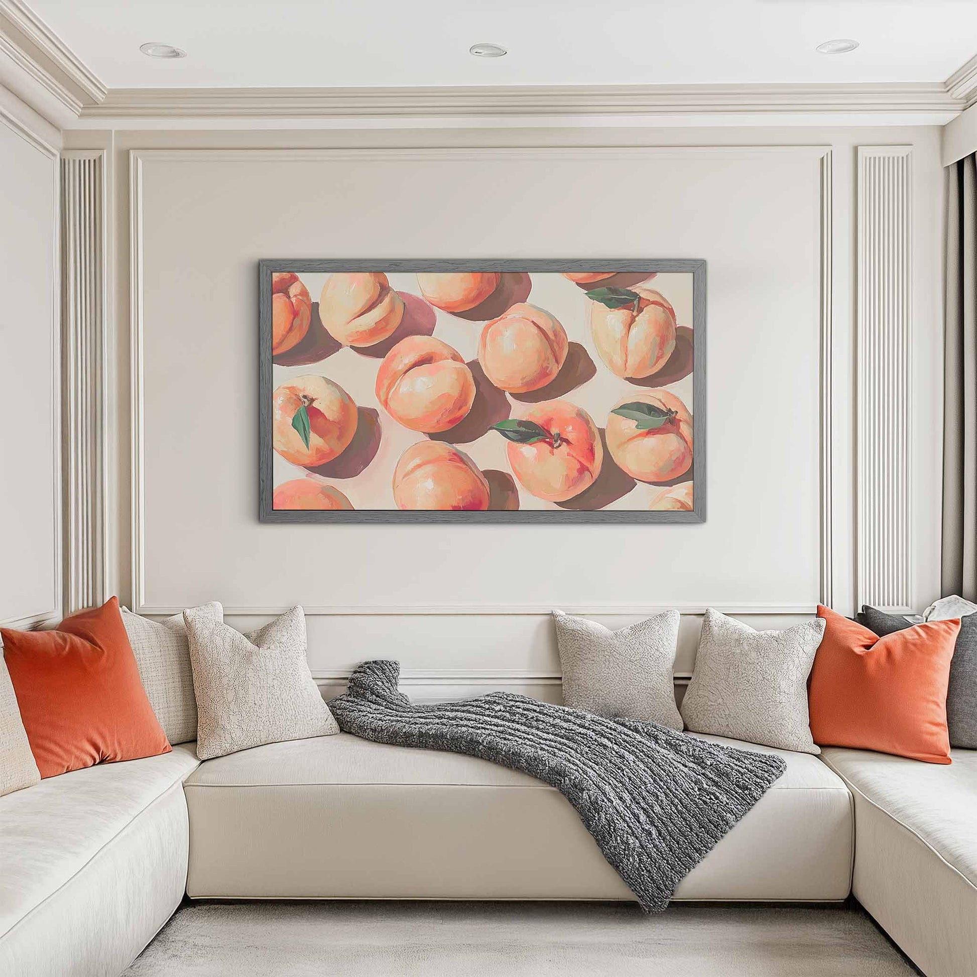 Gray TV Frame on the white wall above sofa in living room