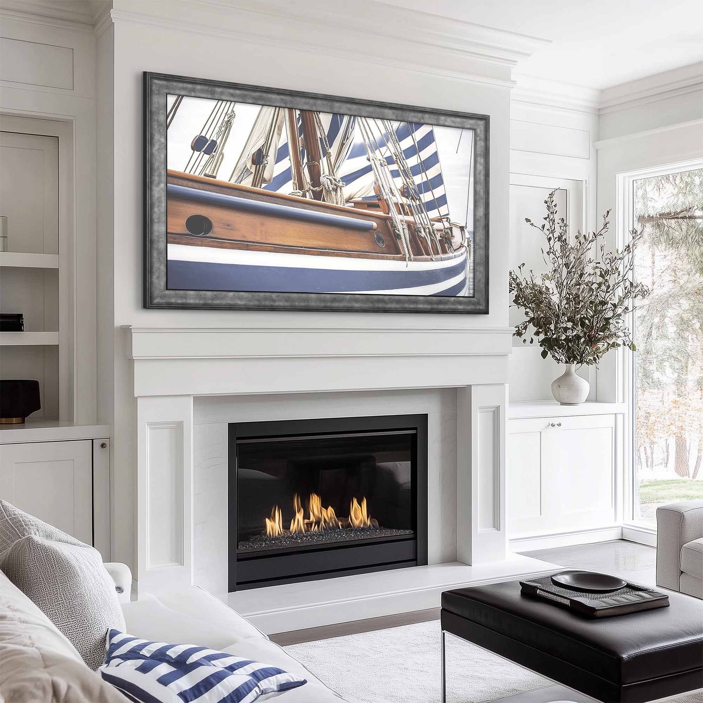 Gray TV frame above the fireplace in traditional living room design
