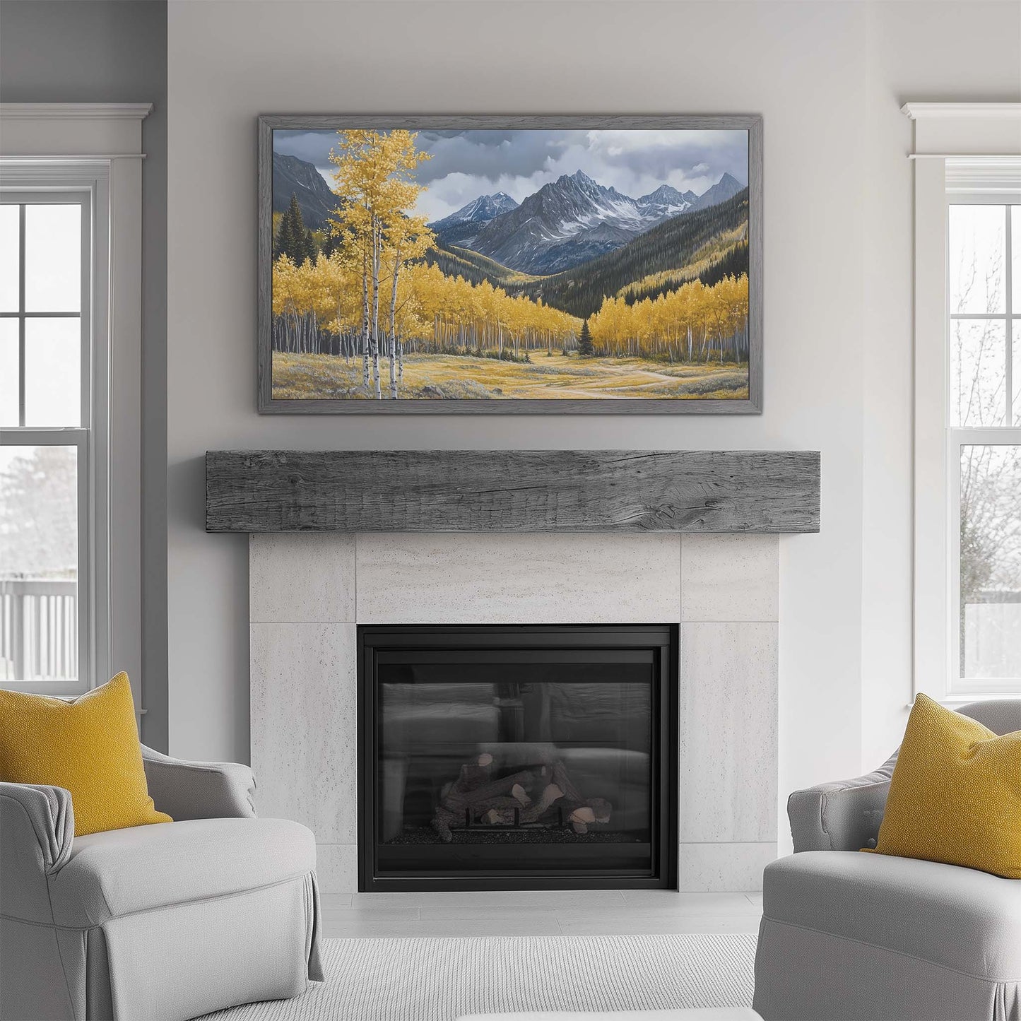Gray TV mount above traditional fireplace in minimalistic gray interior