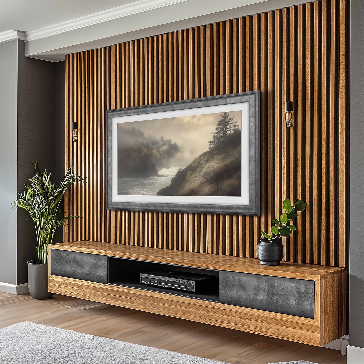 Gray concrete TV frame on wooden slot wall in modern living room design