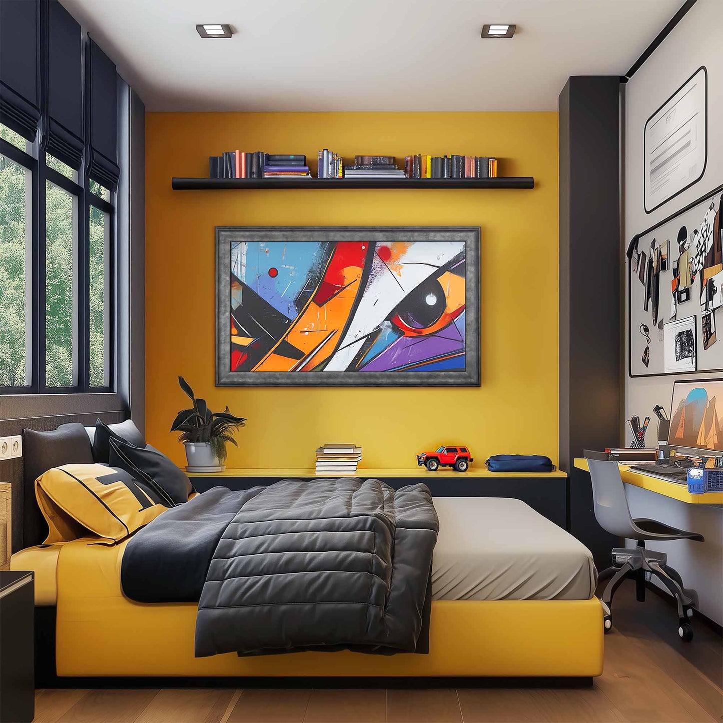 Gray metallic tv frame in modern industrial bedroom design