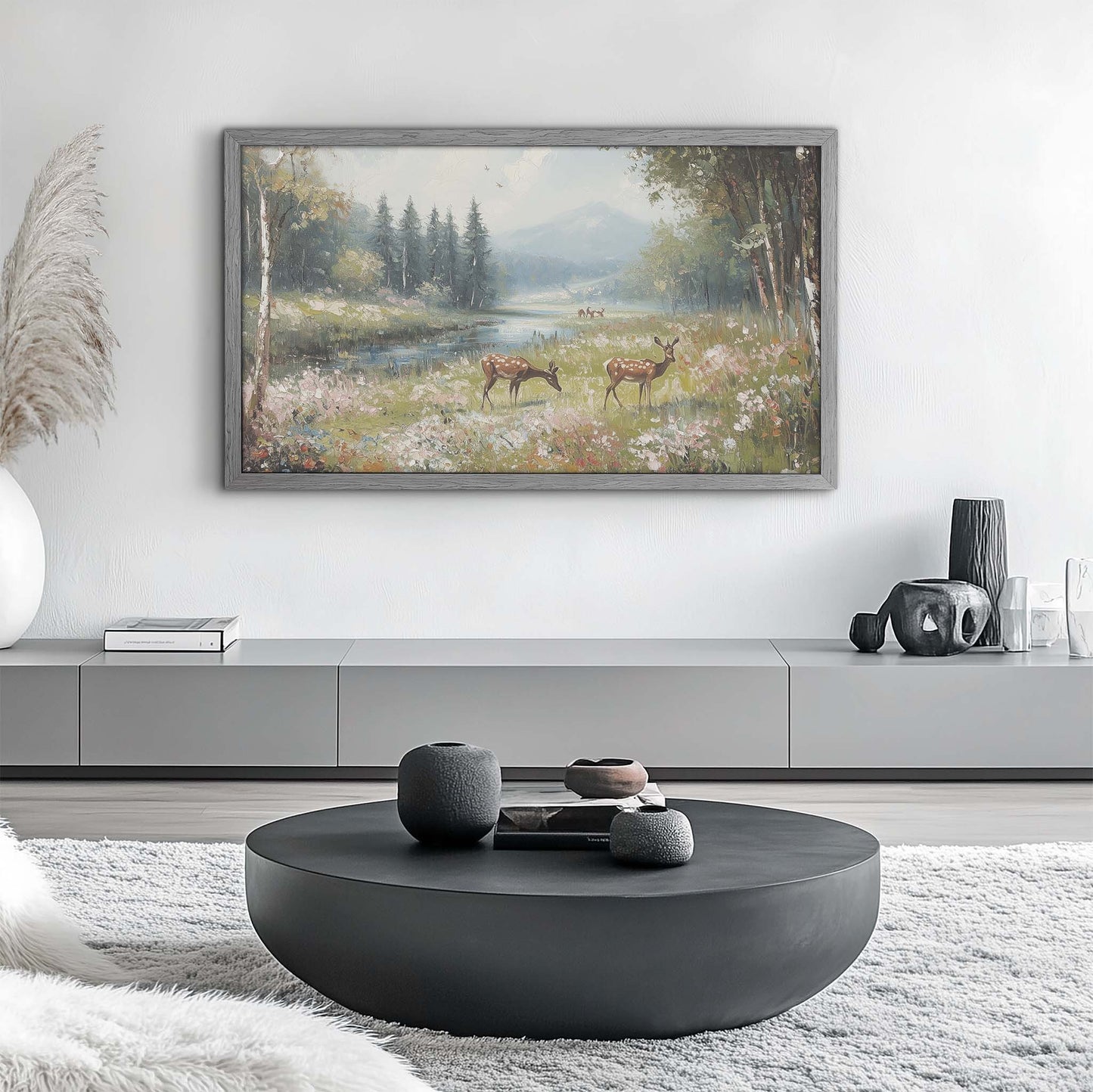 Gray wood frame for tv in modern living room design